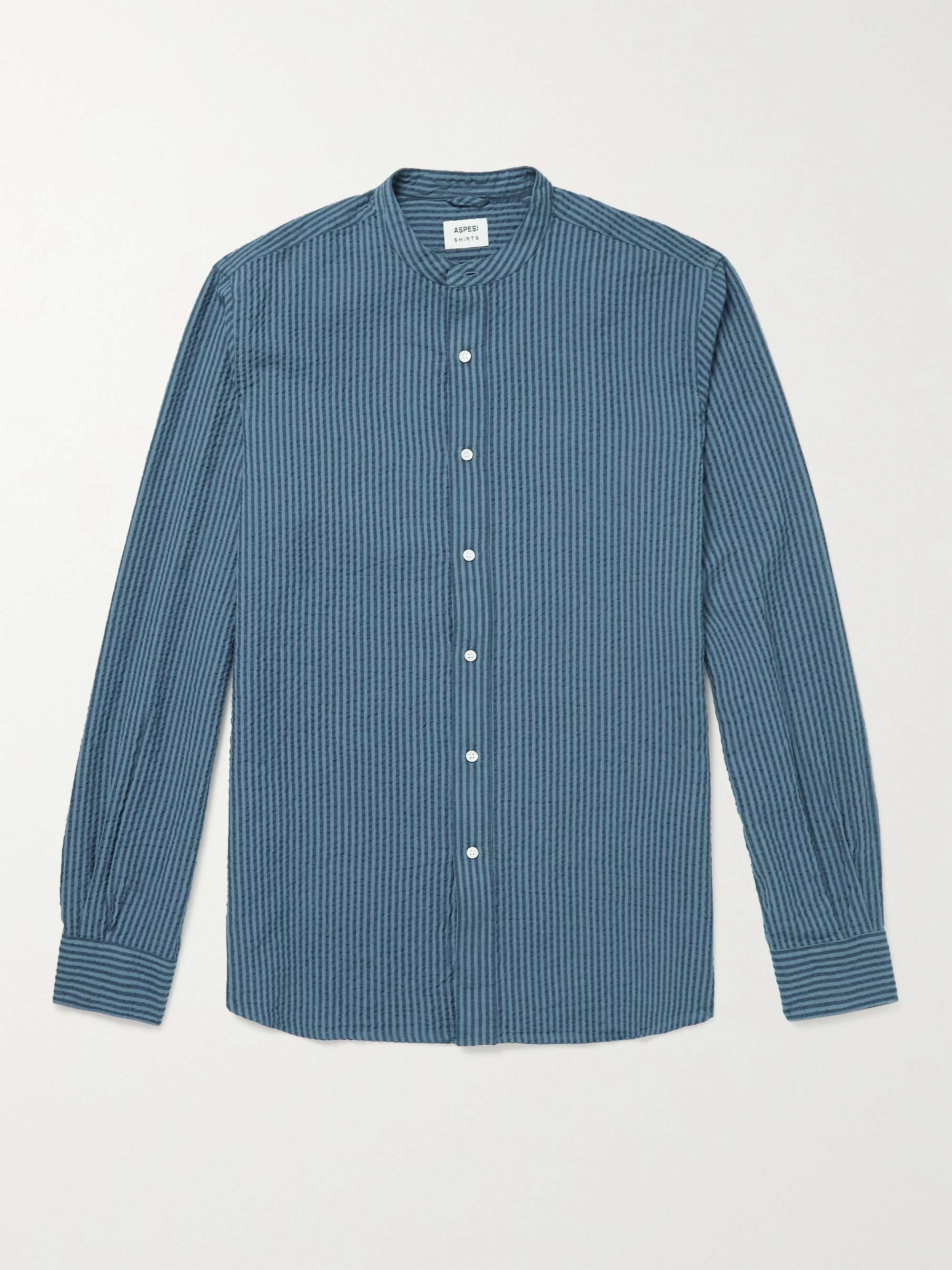 ASPESI Slim-Fit Grandad-Collar Striped Cotton-Seersucker Shirt