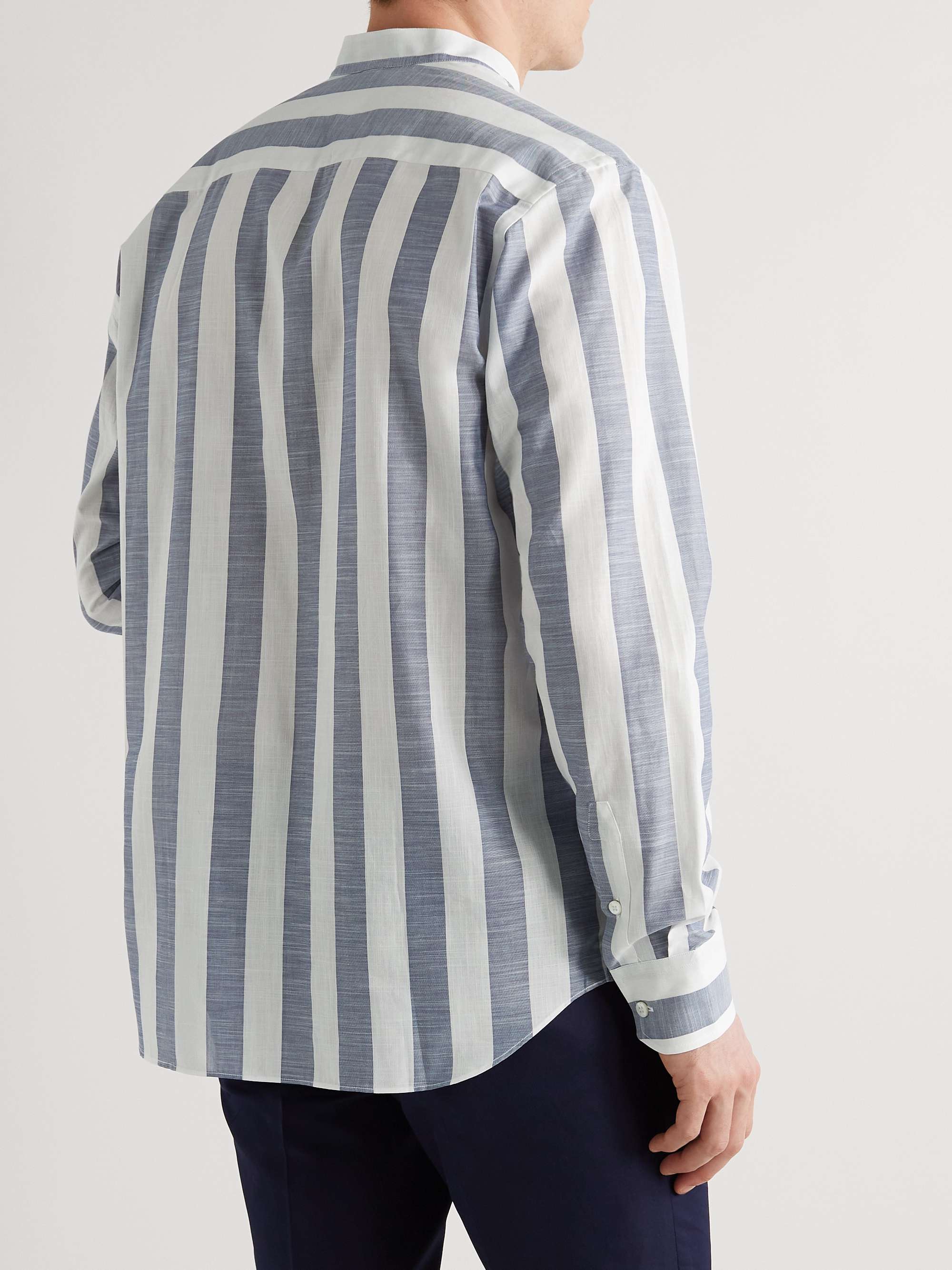 BRIONI Grandad-Collar Striped Cotton Oxford Shirt