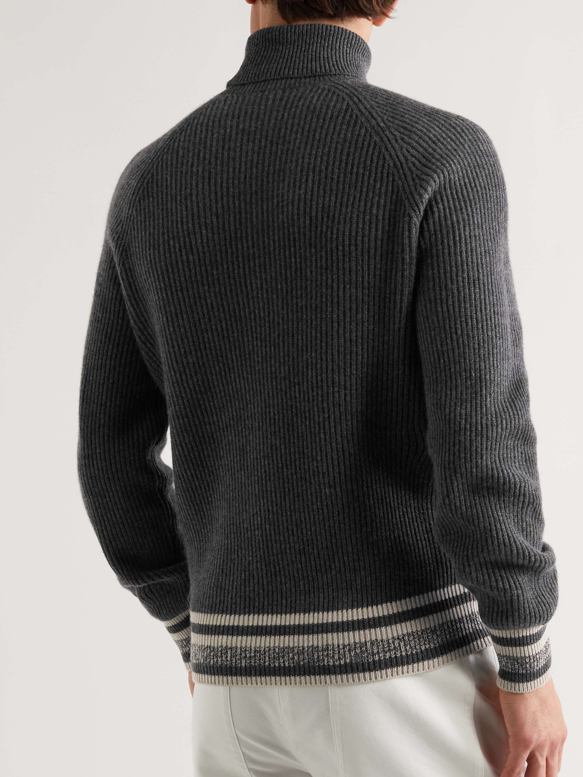 BRUNELLO CUCINELLI Ribbed Striped Cashmere Rollneck Sweater