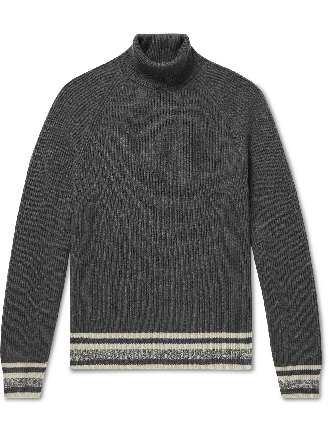 Ribbed Striped Cashmere Rollneck Sweater