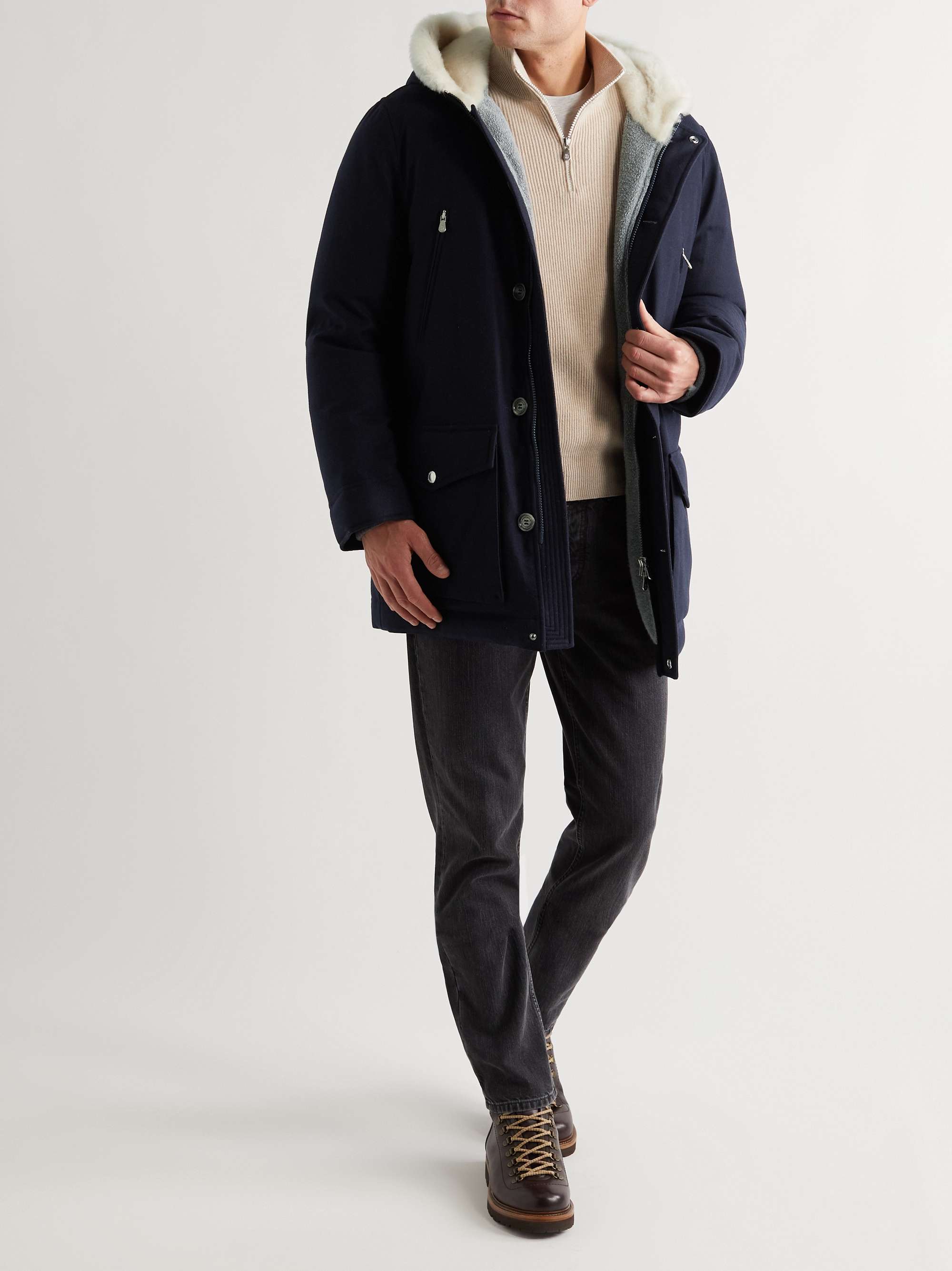BRUNELLO CUCINELLI Shearling-Trimmed Wool, Silk and Cashmere-Blend Hooded Down Parka