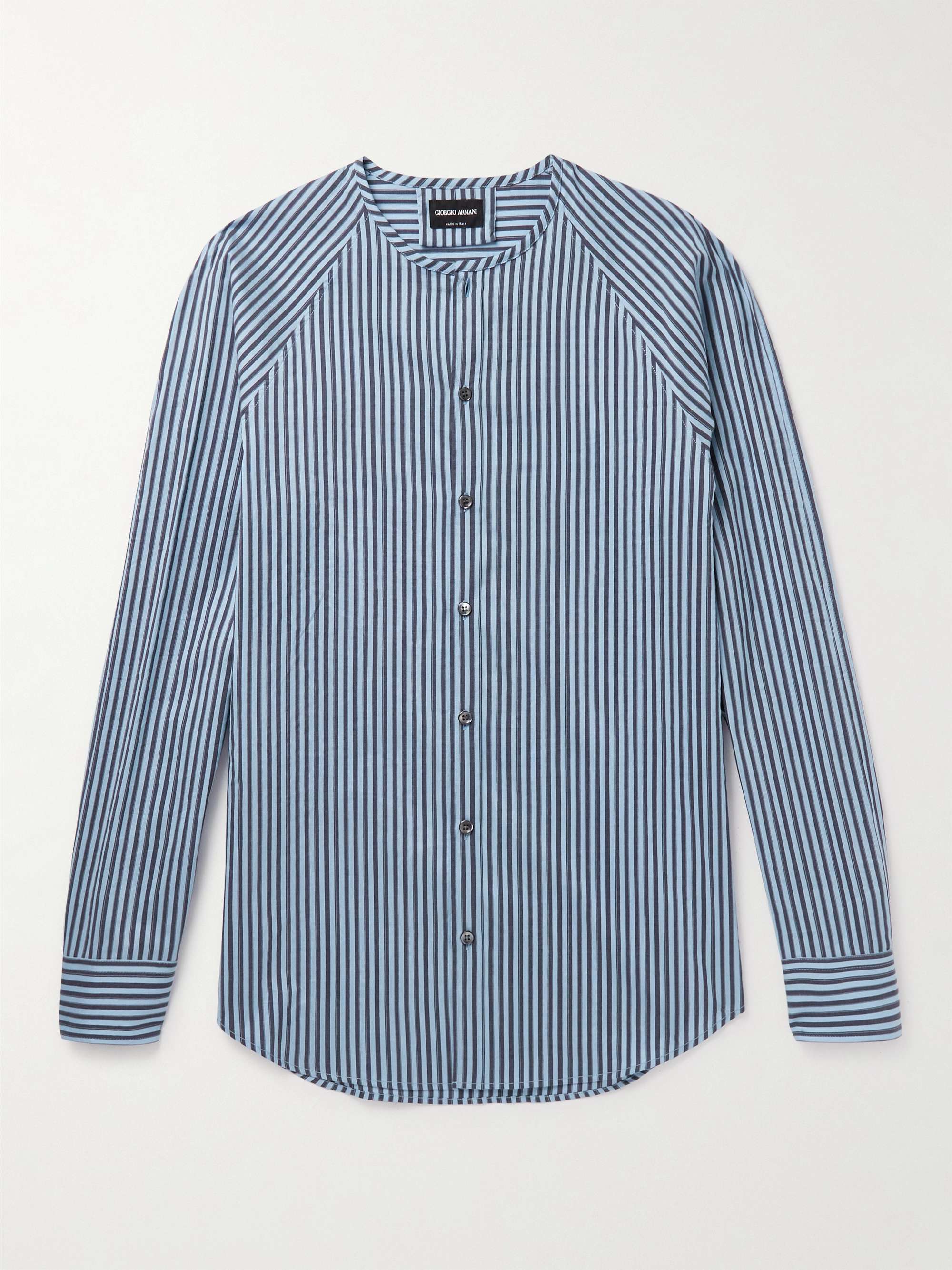 GIORGIO ARMANI Collarless Striped Cotton and Silk-Blend Shirt