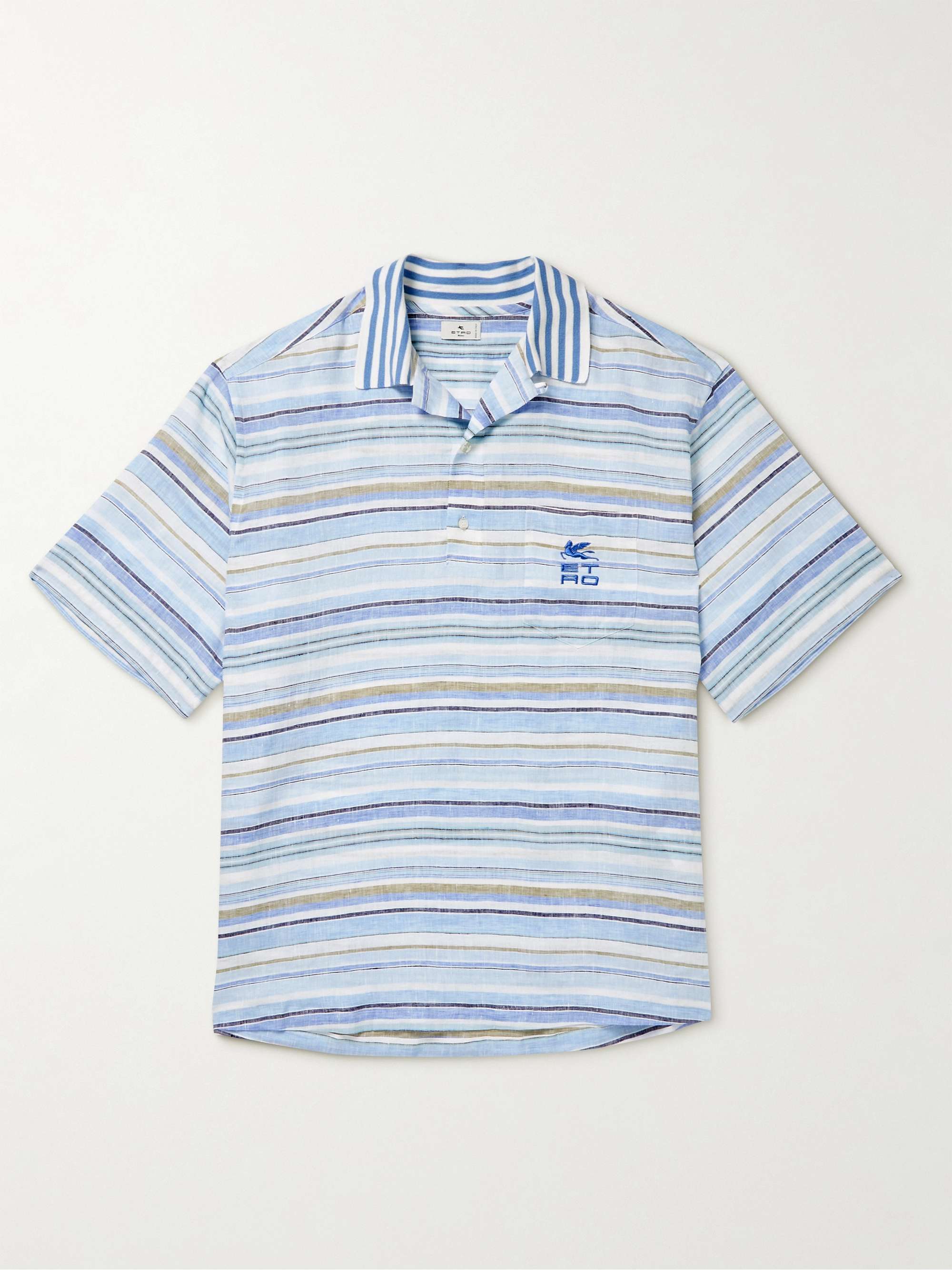 ETRO Convertible-Collar Striped Linen Half-Placket Shirt