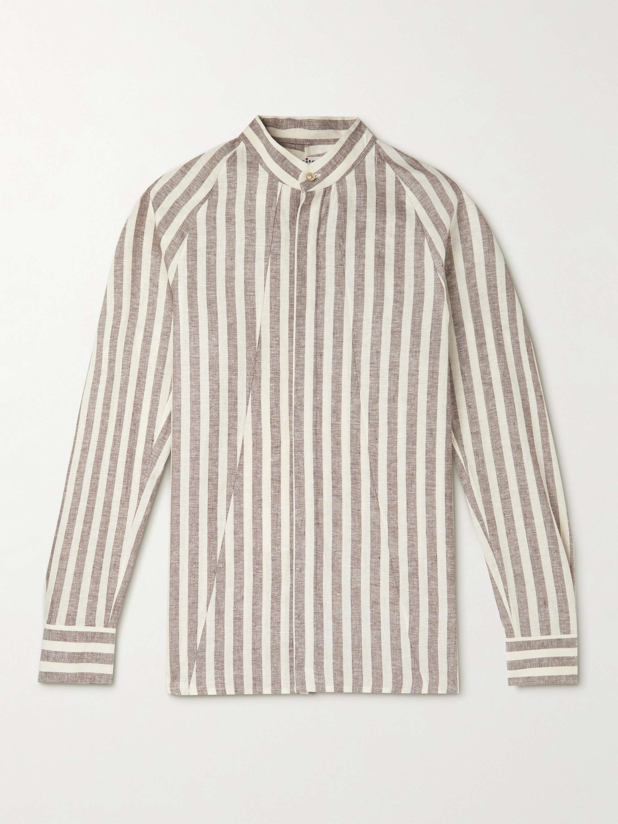 Men's Grandad Collar Shirt Long Sleeve Summer Cotton Stripe Brown Casual Tops