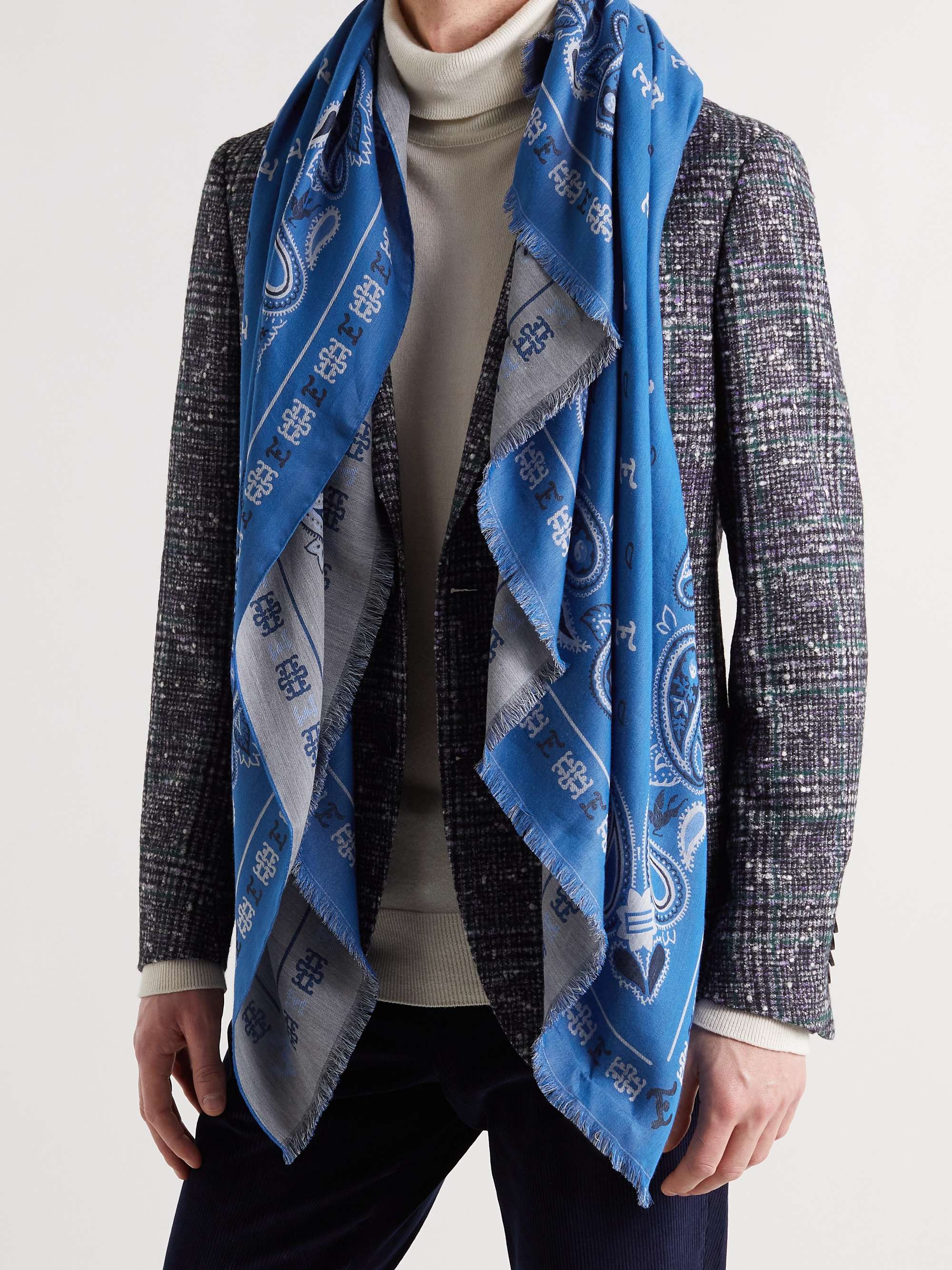 Royal blue Scritto-Jacquard Wool and Mulberry Silk-Blend Scarf 