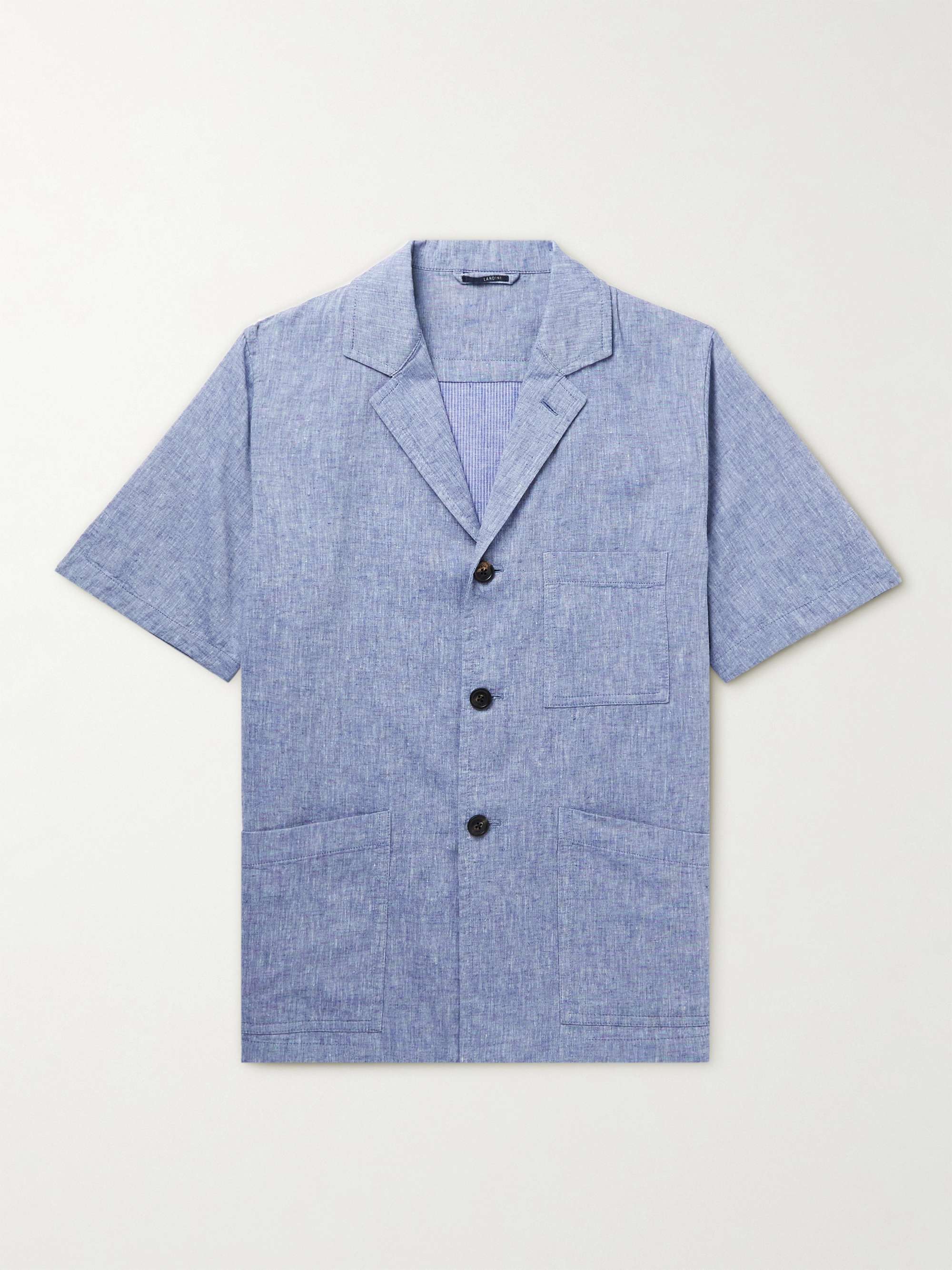 LARDINI Camp-Collar Linen and Cotton-Blend Chambray Shirt