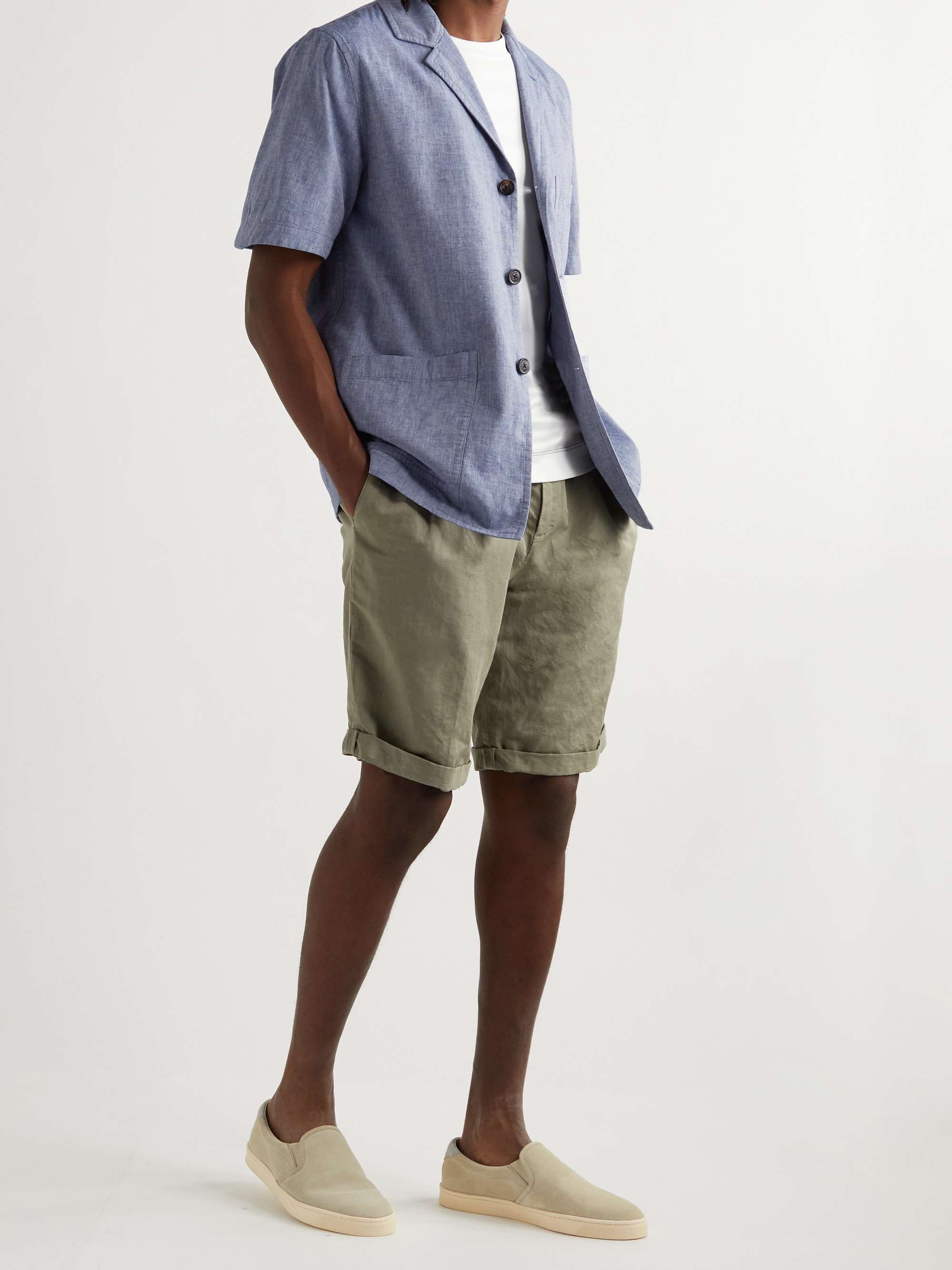 LARDINI Camp-Collar Linen and Cotton-Blend Chambray Shirt