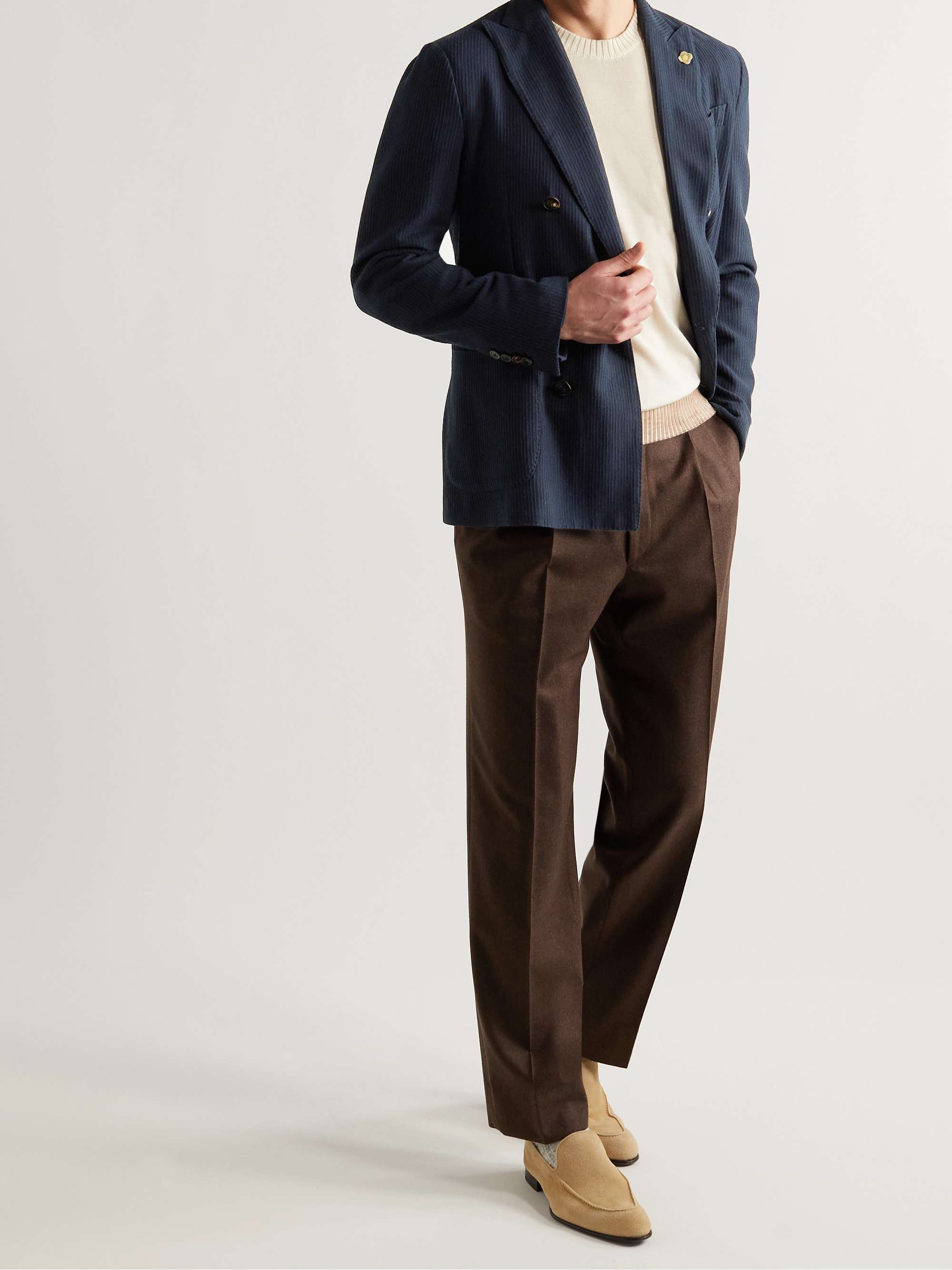 LARDINI Unstructured Double-Breasted Ribbed Cotton-Blend Blazer