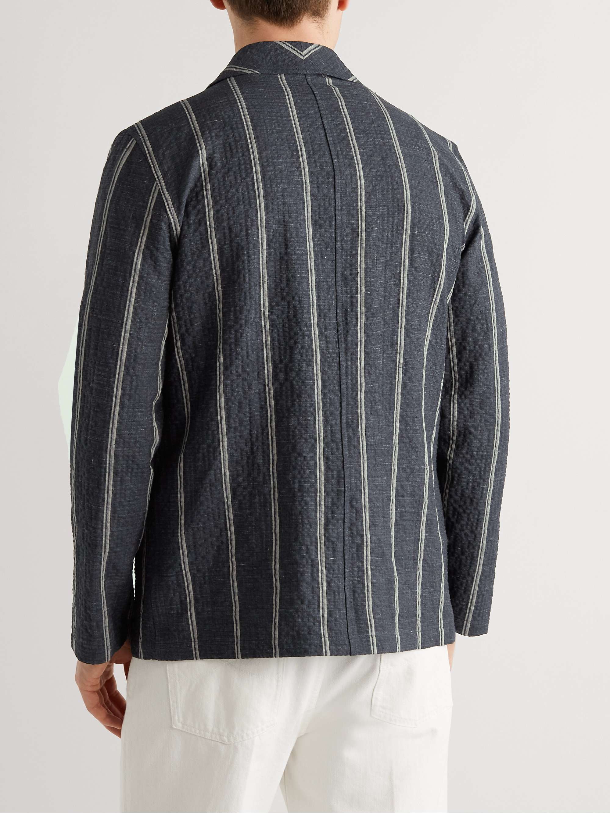 LARDINI Shawl-Collar Striped Stretch-Cotton and Linen-Blend Overshirt