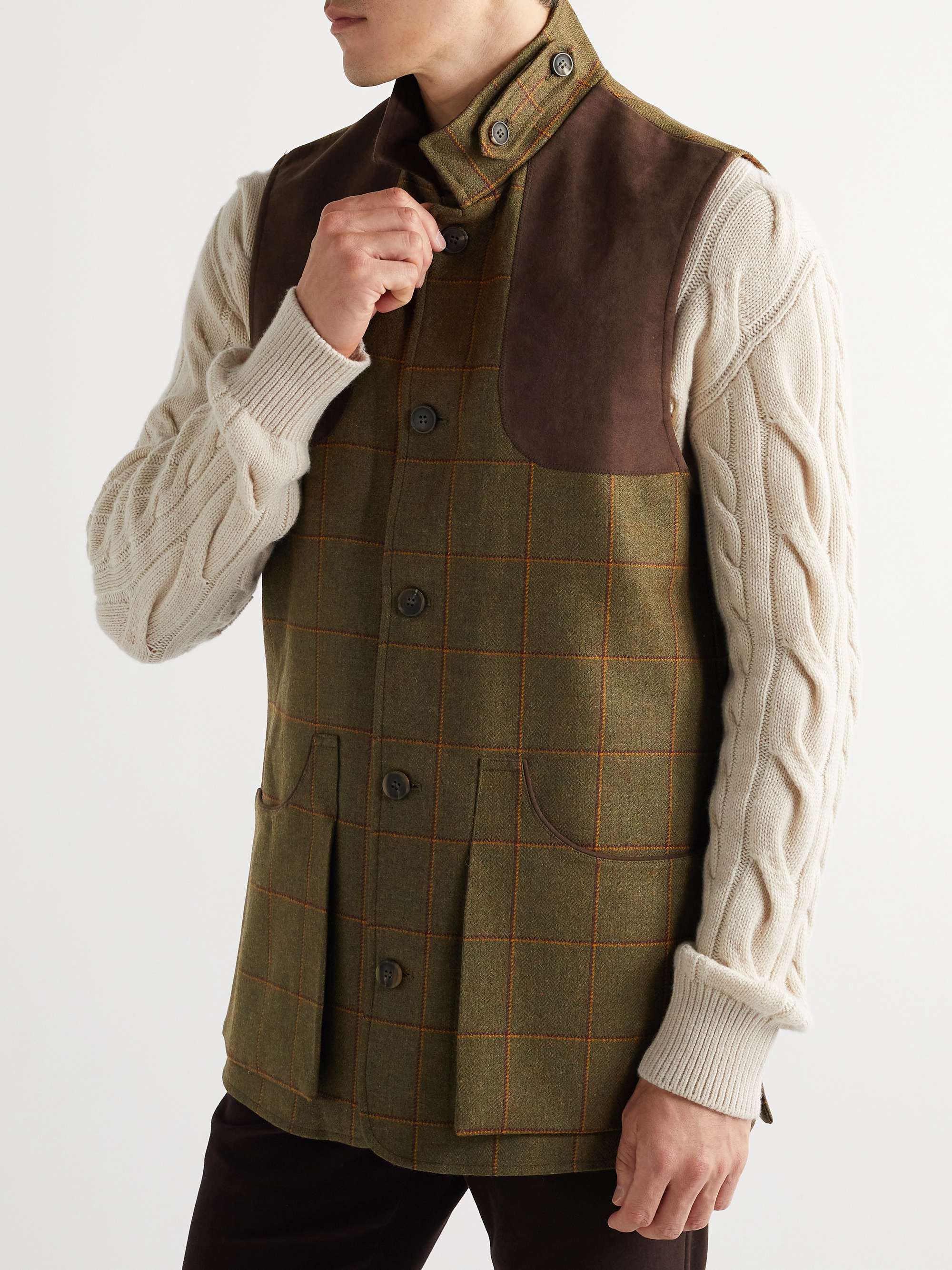 PURDEY Panelled Checked Wool-Blend Tweed and Faux Suede Gilet