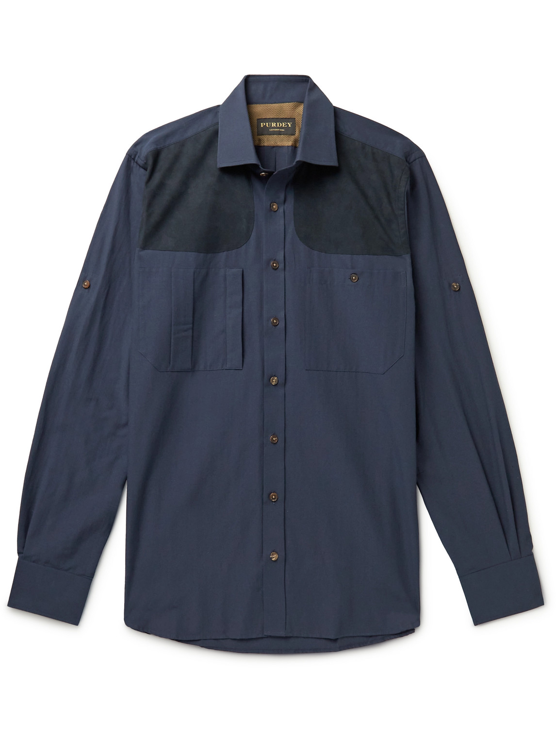 Purdey Panelled Cotton-poplin And Faux Suede Shirt In Blue