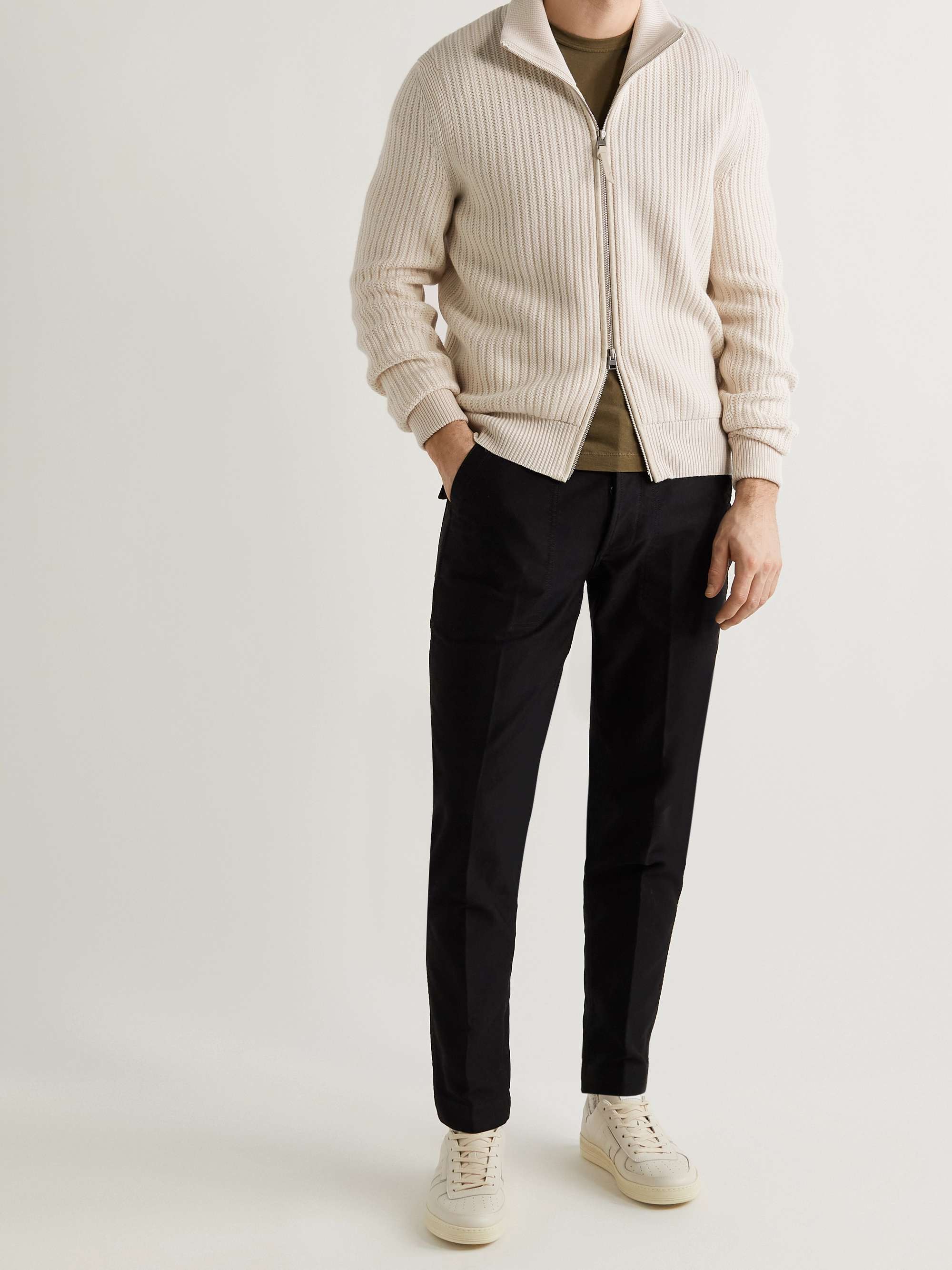 TOM FORD Leather-Trimmed Ribbed Wool and Cashmere-Blend Zip-Up Cardigan