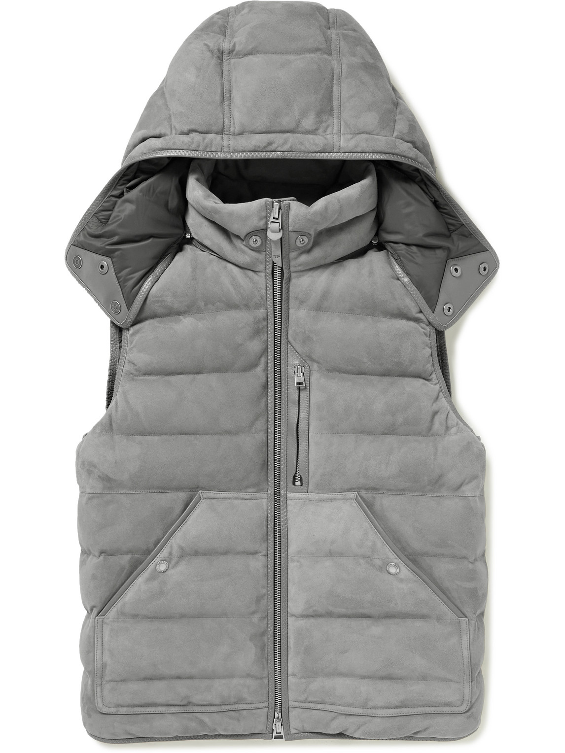 Leather-Trimmed Quilted Suede Hooded Down Gilet