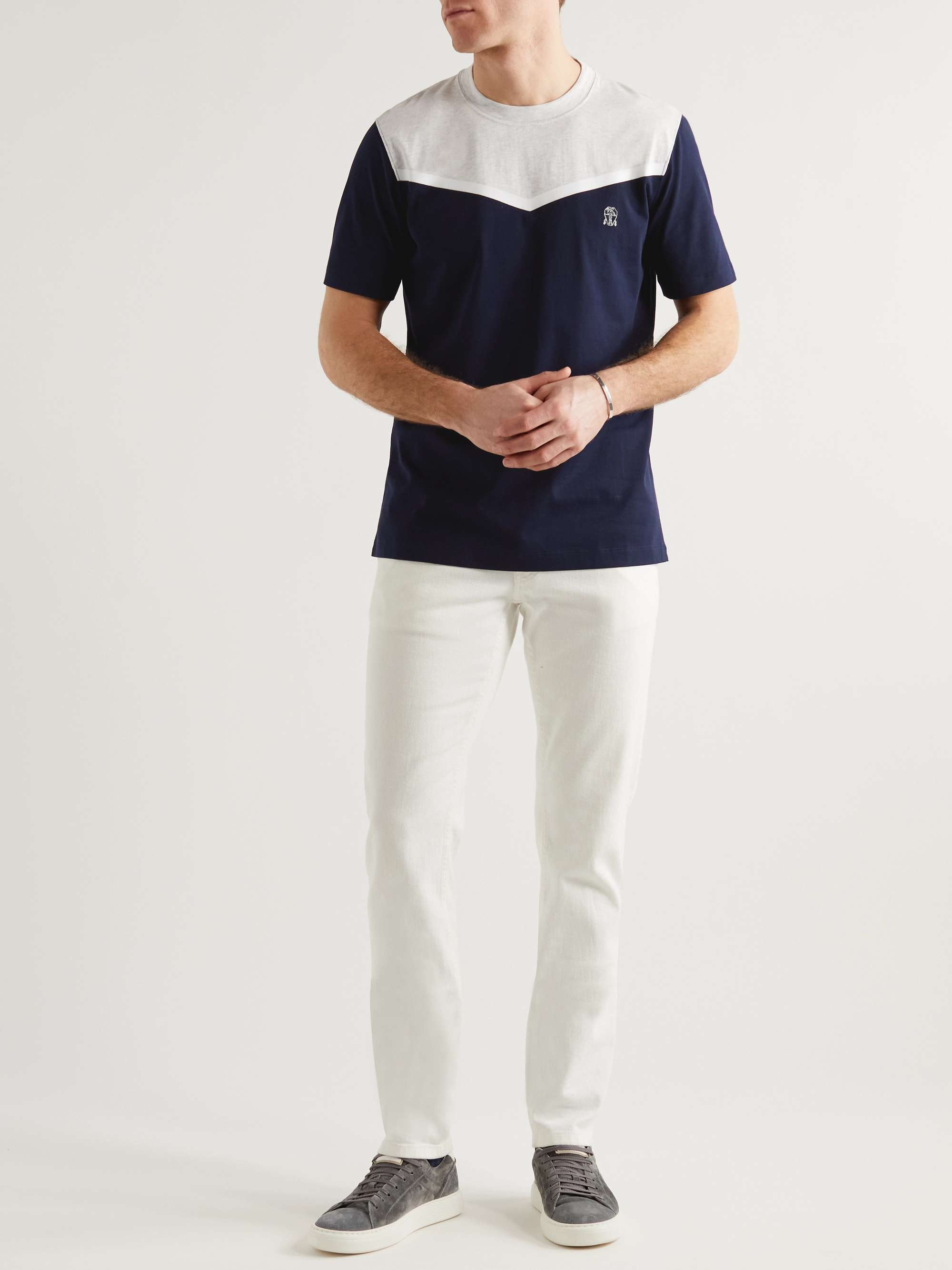 BRUNELLO CUCINELLI Logo-Embroidered Panelled Cotton-Jersey T-Shirt