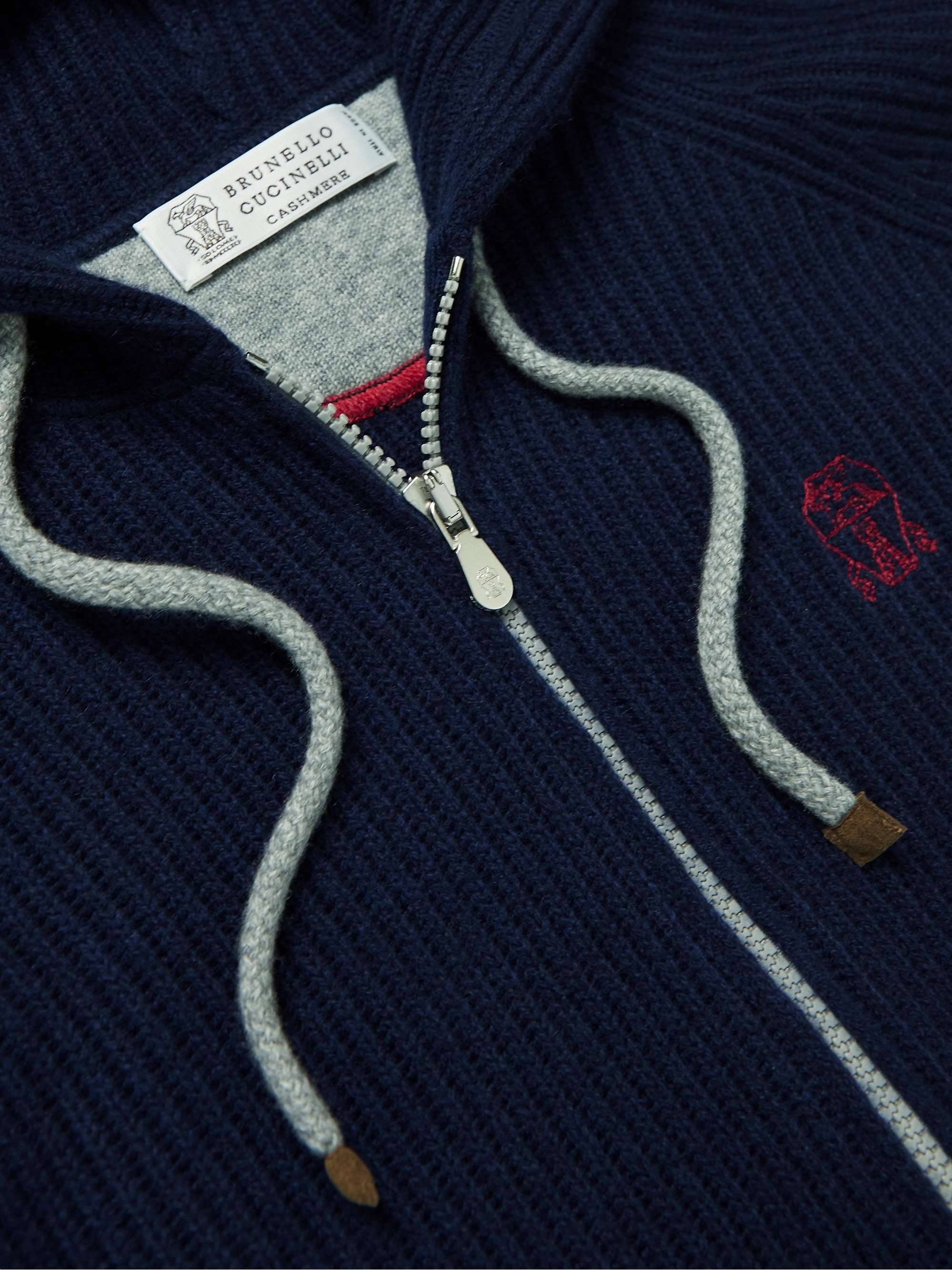 BRUNELLO CUCINELLI Logo-Embroidered Ribbed Cashmere Zip-Up Hoodie