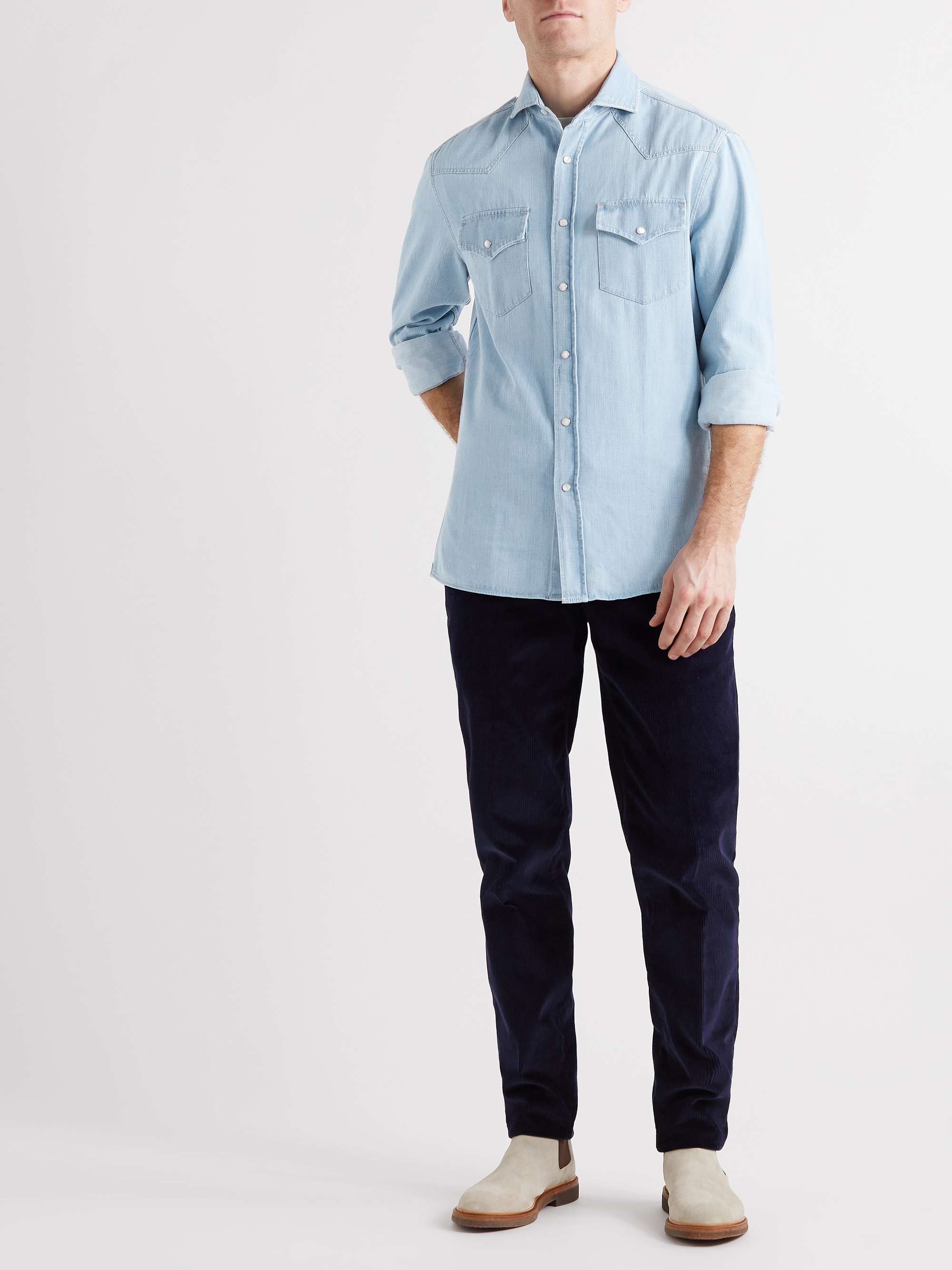 Blue Slim-Fit Logo-Print Striped Cotton-Jersey T-Shirt | BRUNELLO 