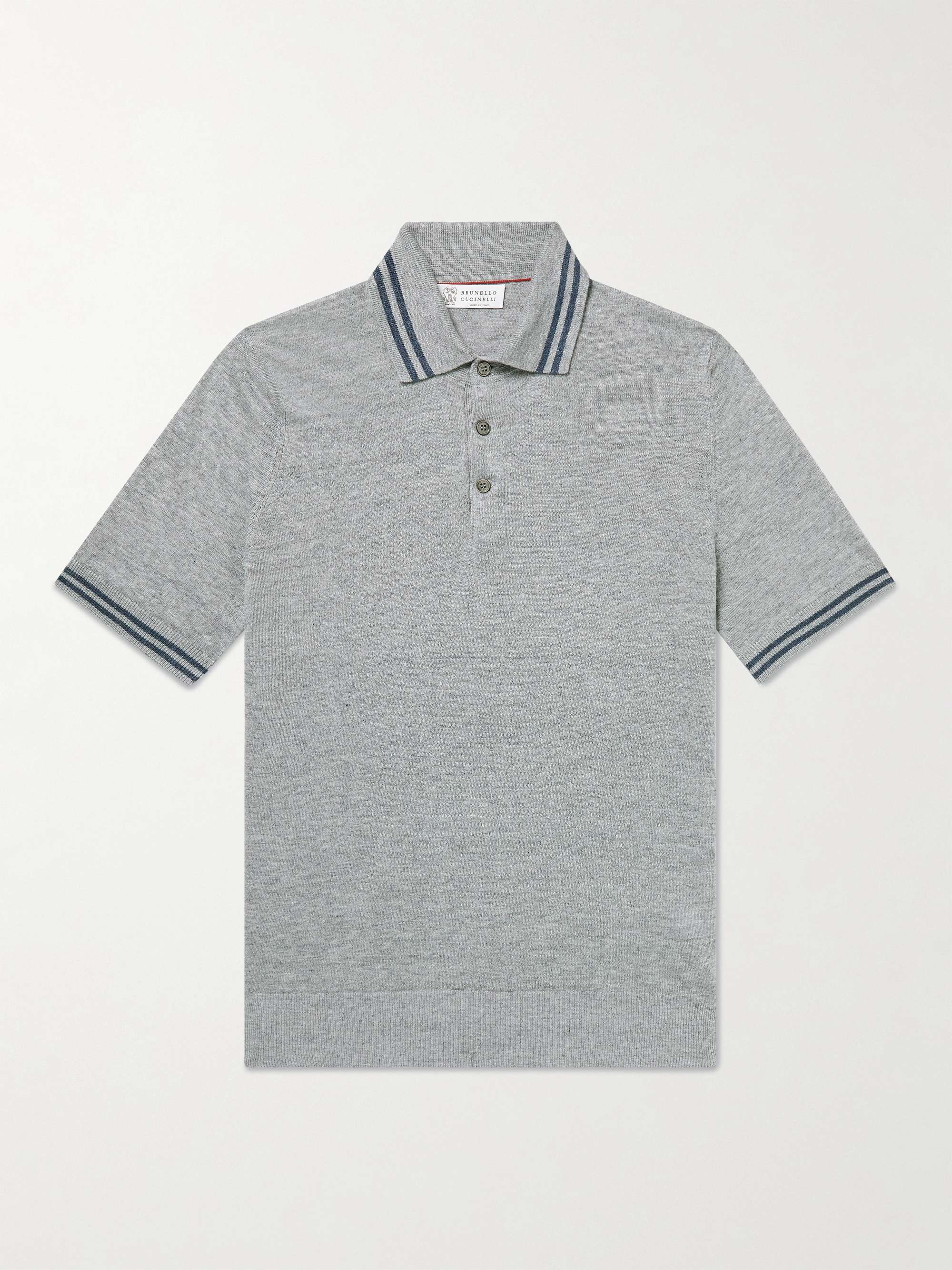 BRUNELLO CUCINELLI Striped Linen and Cotton-Blend Polo Shirt