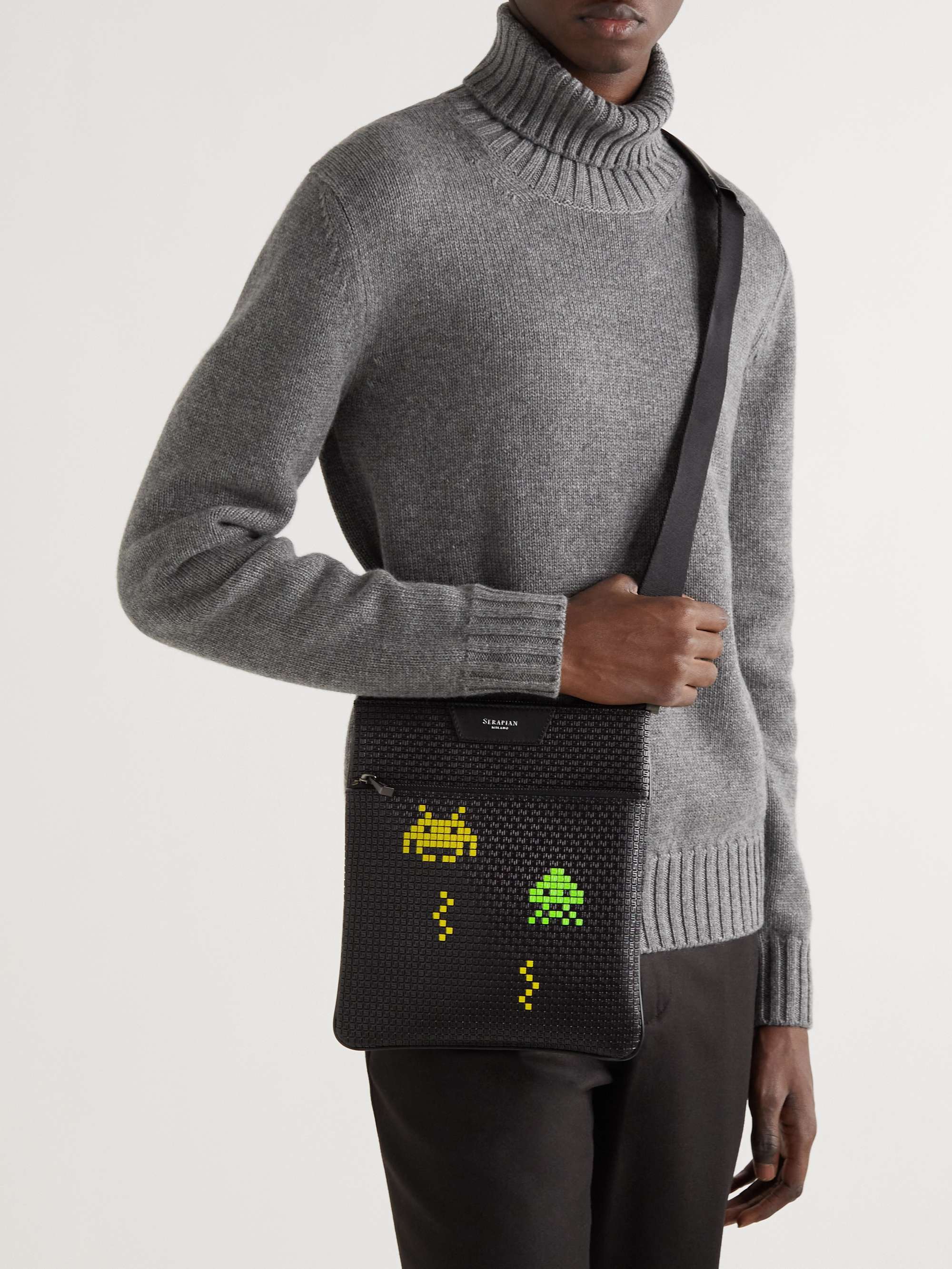 SERAPIAN + Space Invaders Leather-Trimmed Printed Stepan Coated-Canvas Messenger Bag
