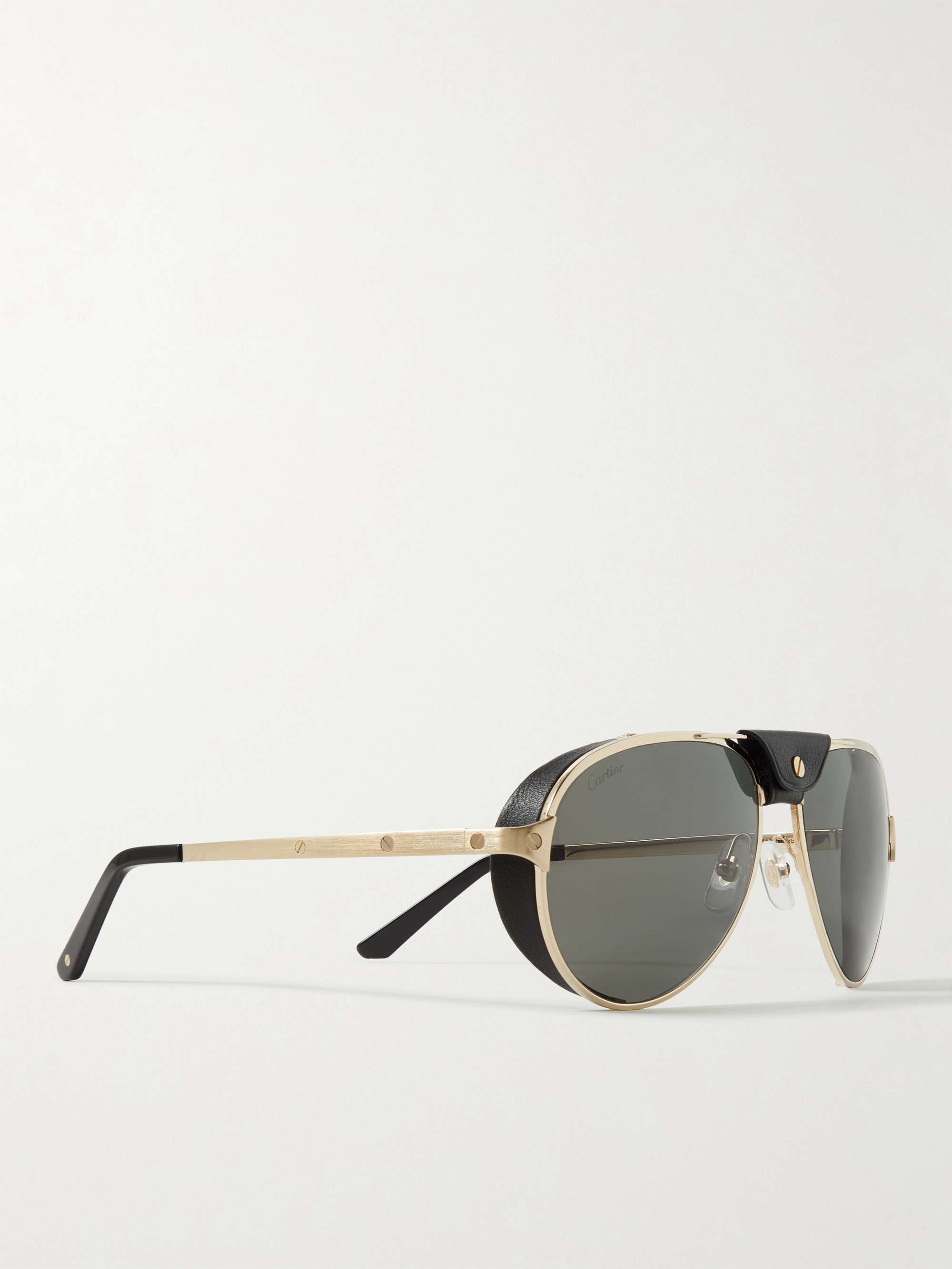 CARTIER EYEWEAR Aviator-Style Leather-Trimmed Gold-Tone Sunglasses