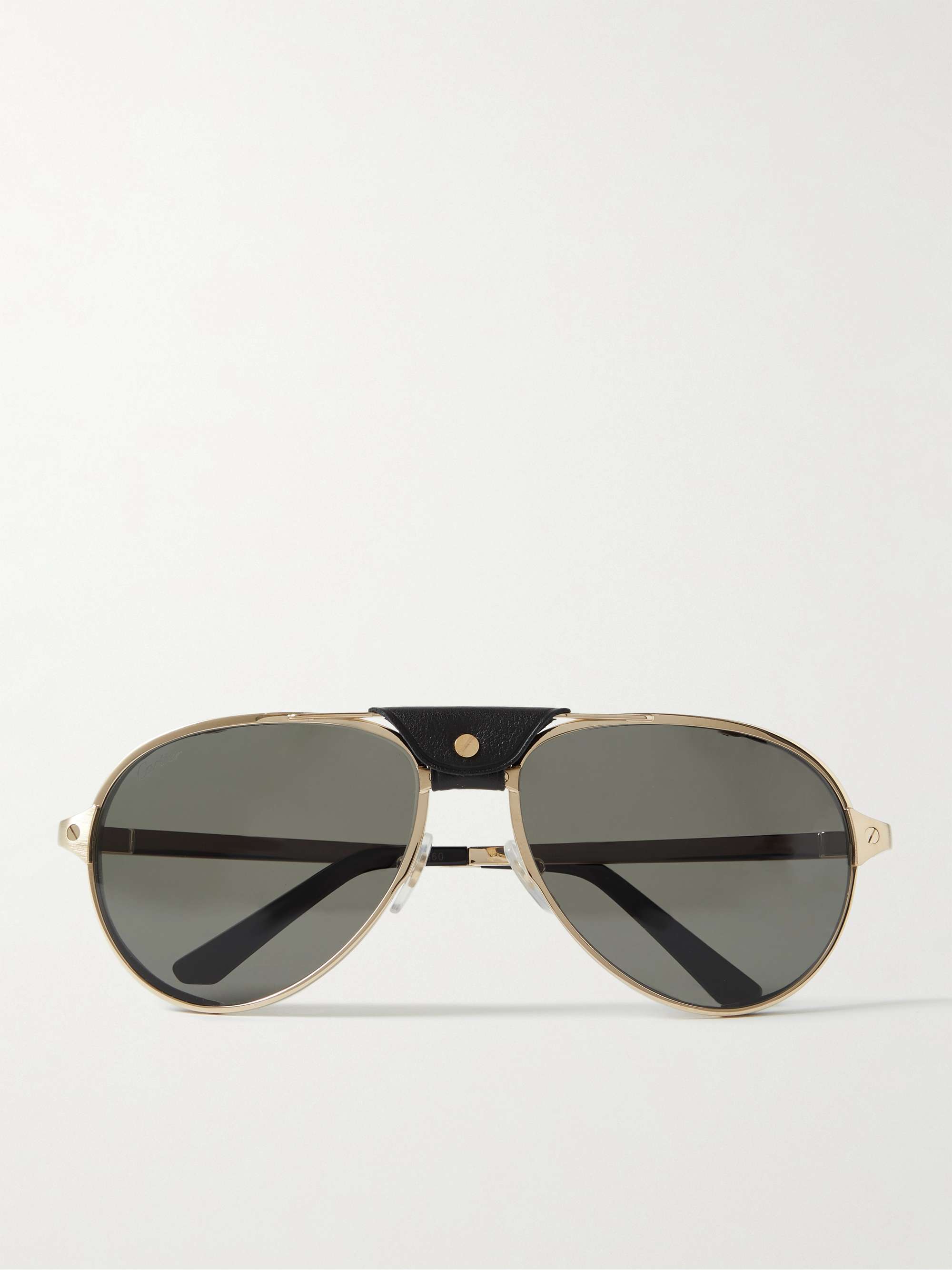 CARTIER EYEWEAR Aviator-Style Leather-Trimmed Gold-Tone Sunglasses