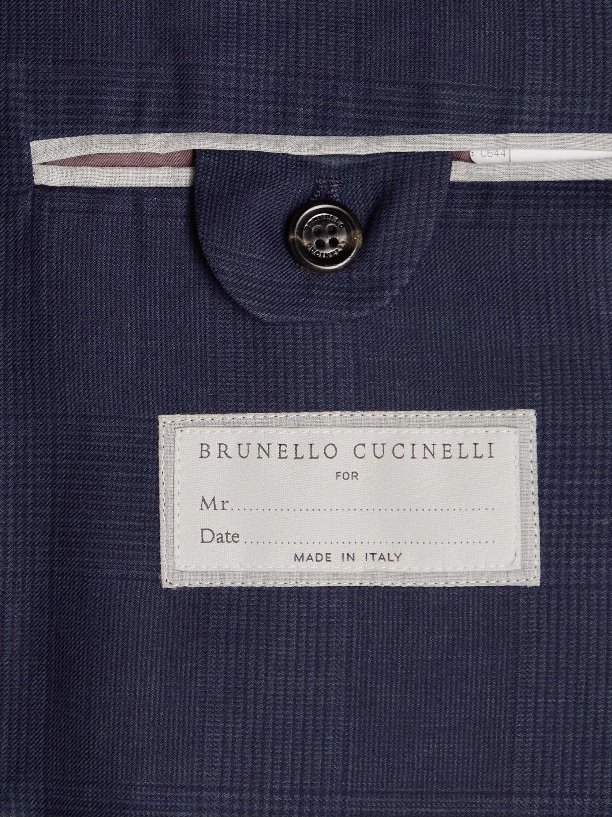 BRUNELLO CUCINELLI Slim-Fit Double-Breasted Checked Wool, Linen and Silk-Blend Blazer