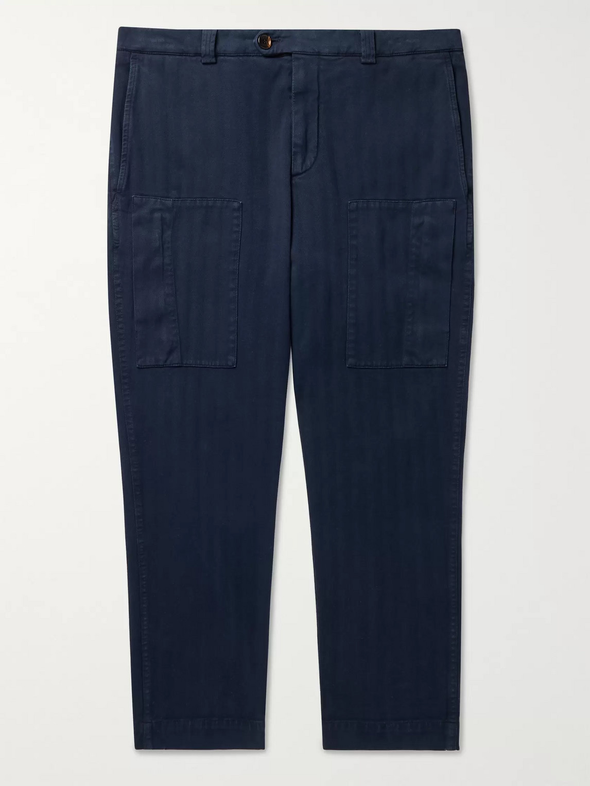 Brunello Cucinelli Cropped Herringbone Stretch Cotton-blend Trousers In Blue