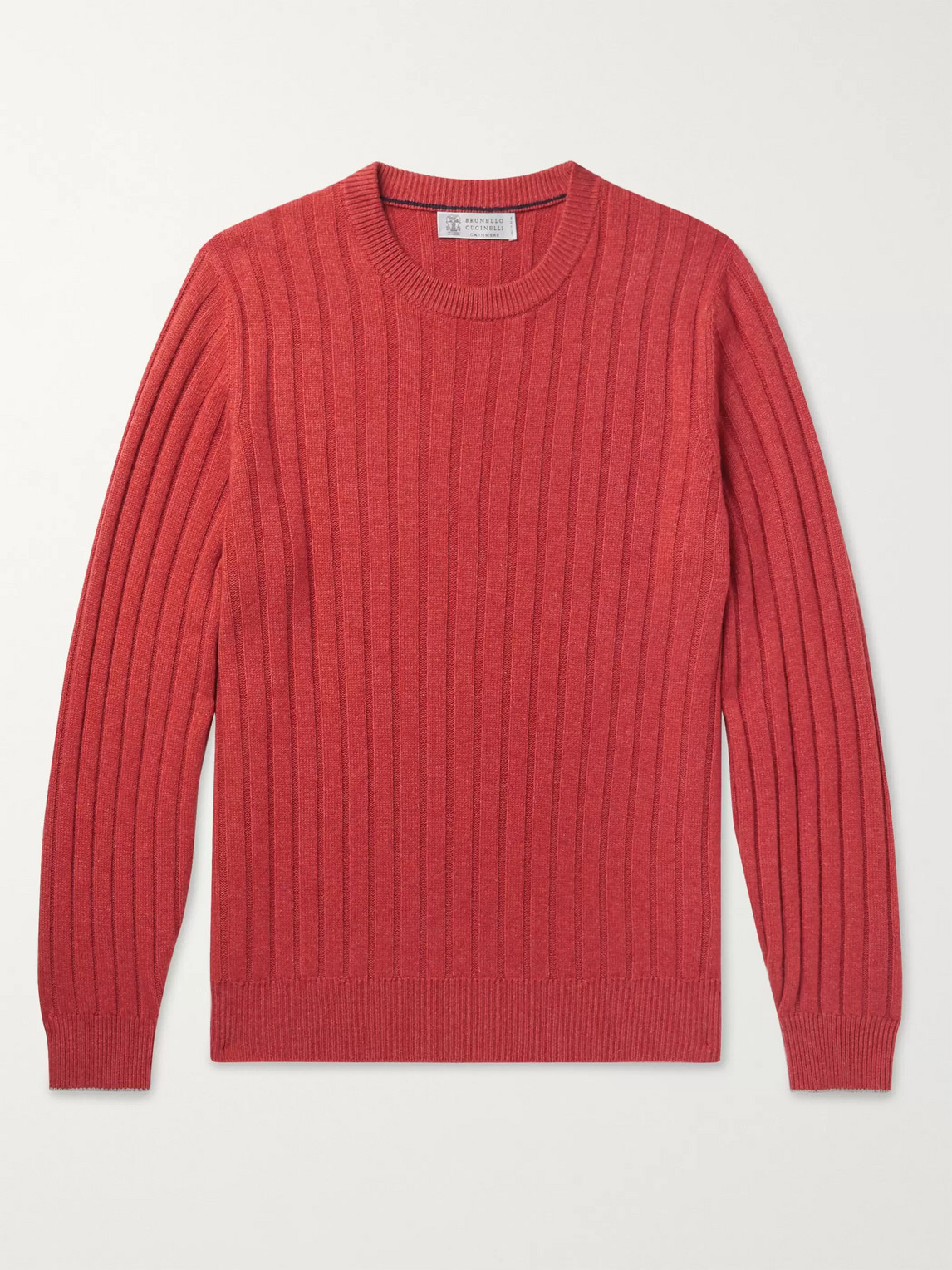 Brunello Cucinelli Slim-fit Ribbed Virgin Wool, Cashmere And Silk-blend Sweater In Red