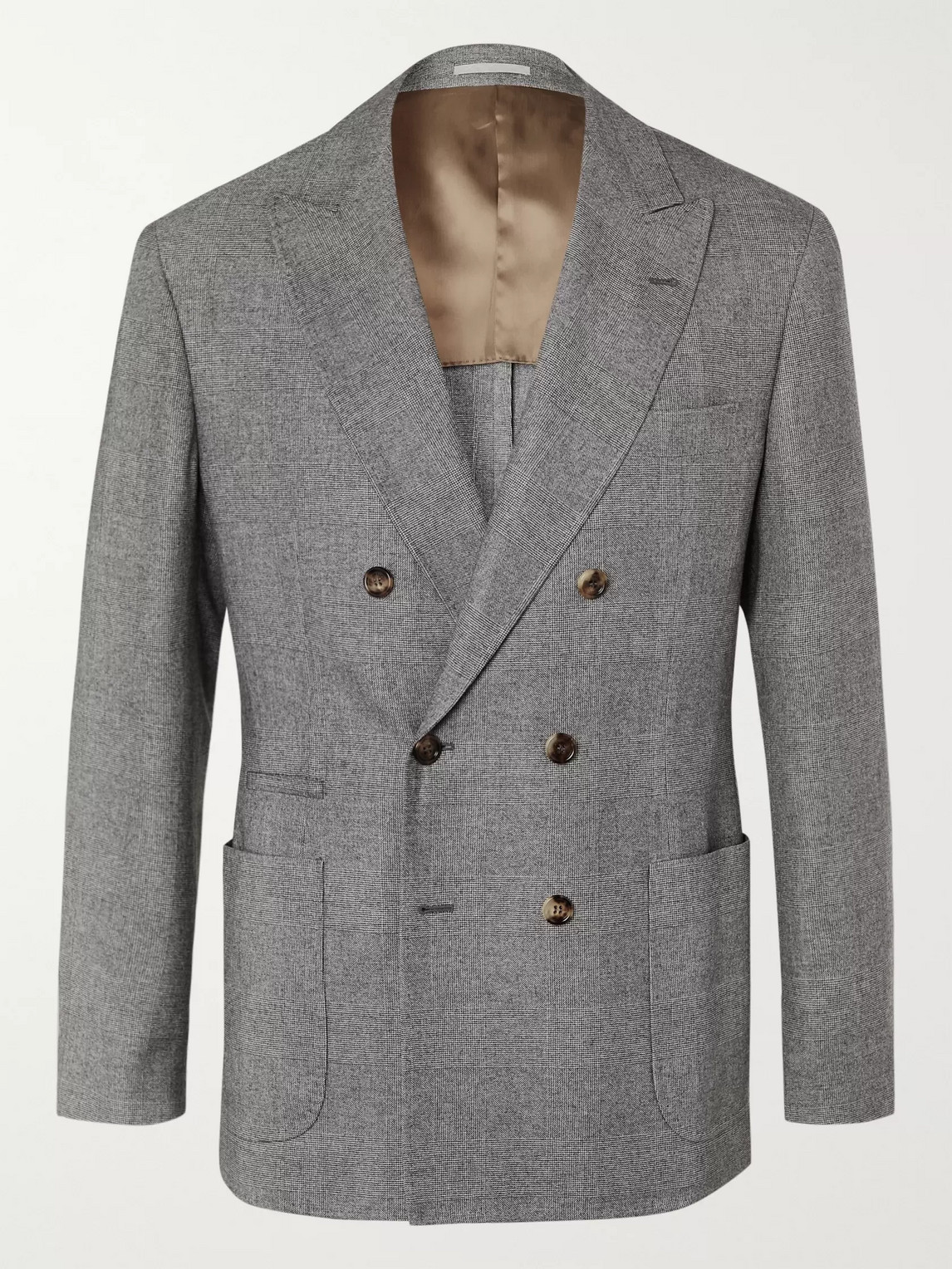 Brunello Cucinelli Unstructured Double-breasted Prince Of Wales Checked Cashmere And Silk-blend Suit Jacket In Gray