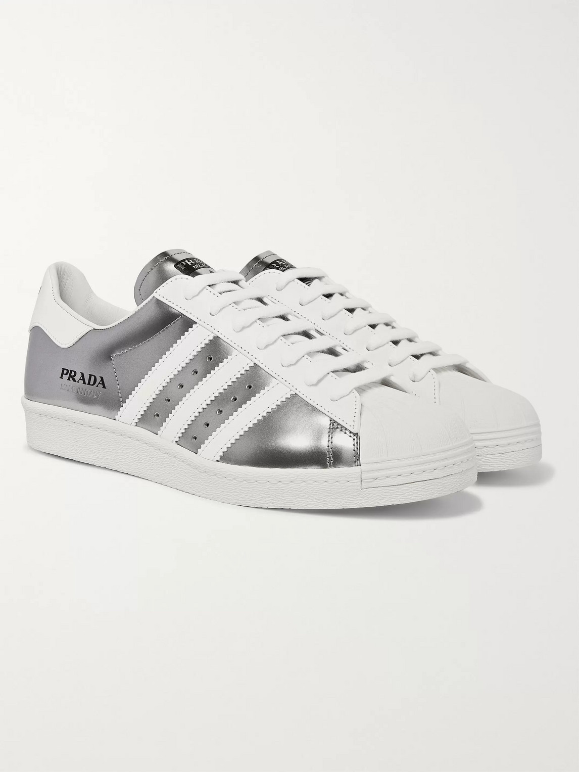 Adidas Consortium Prada Superstar 450 Metallic Leather Sneakers In Silver