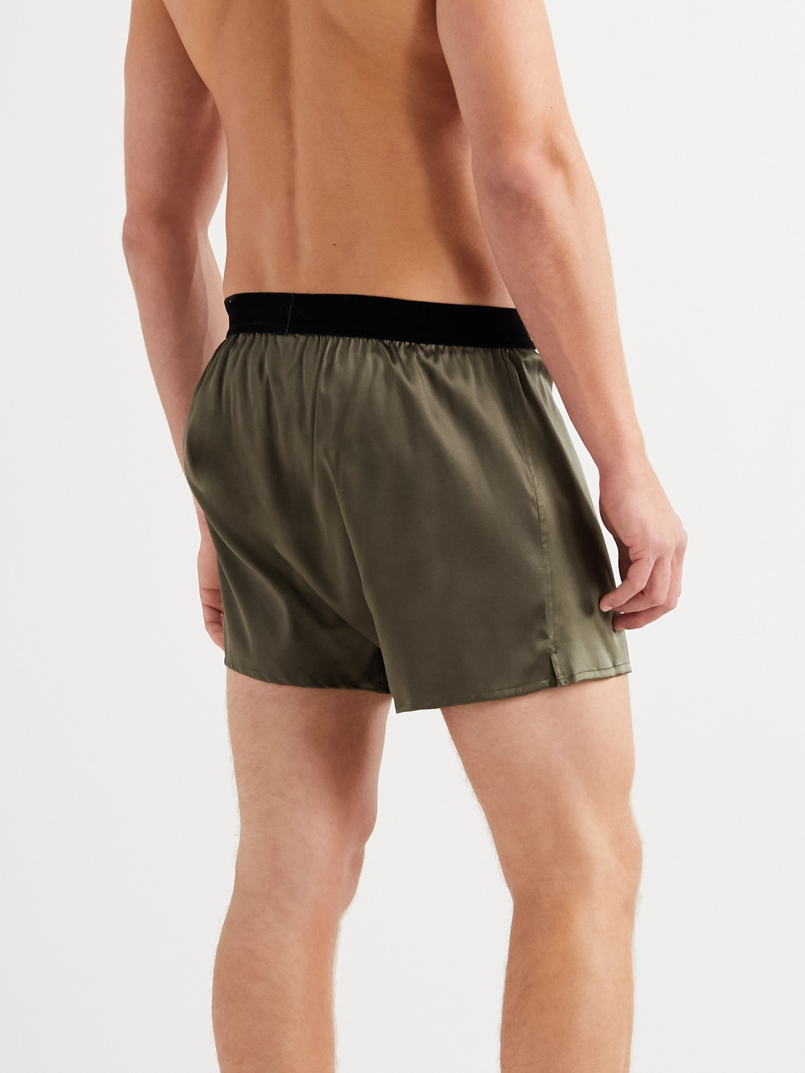 Tom Ford Velvet-trimmed Stretch-silk Satin Boxer Shorts In Olive Green ...