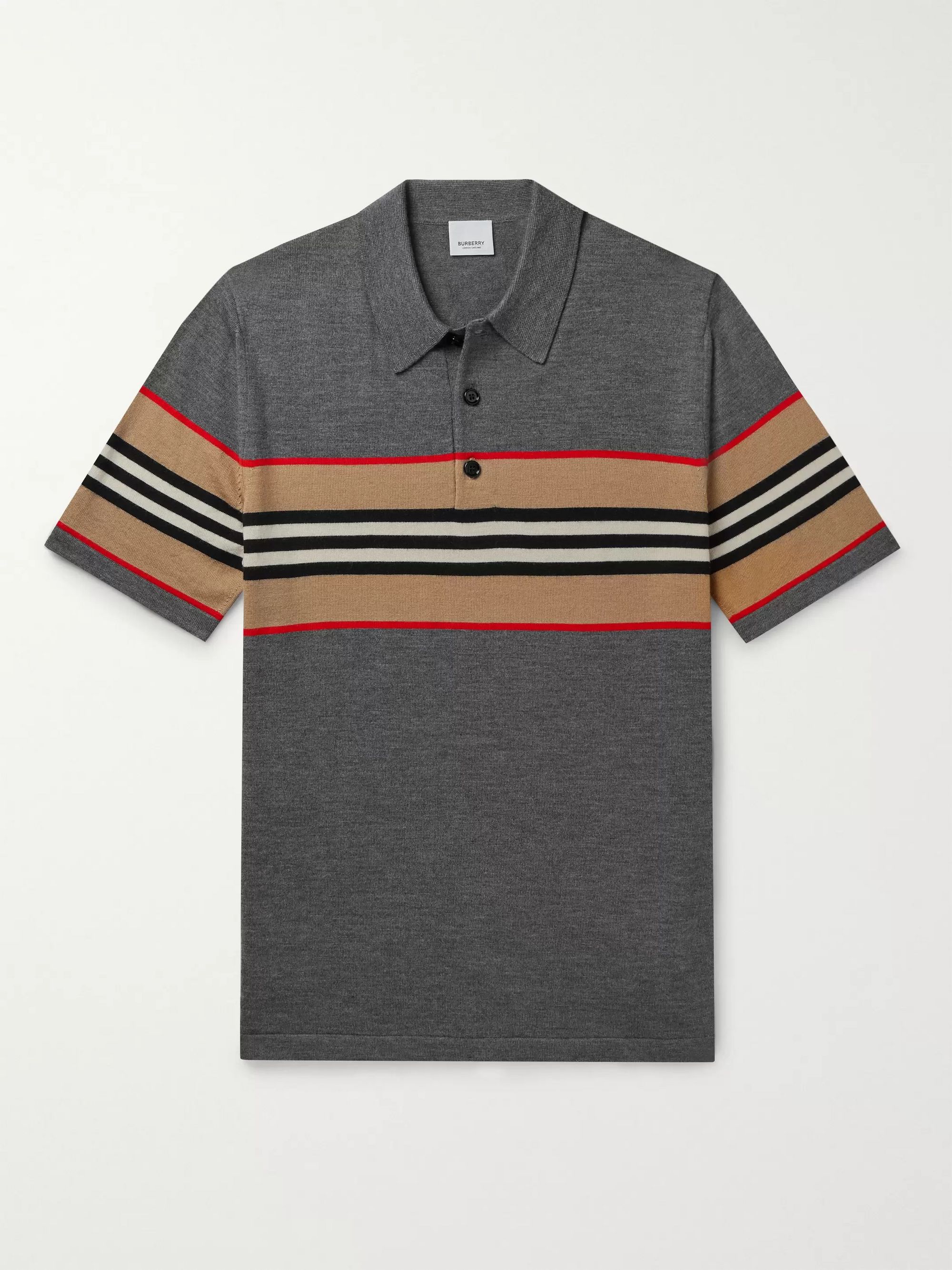 Gray Striped Merino Wool Polo Shirt 