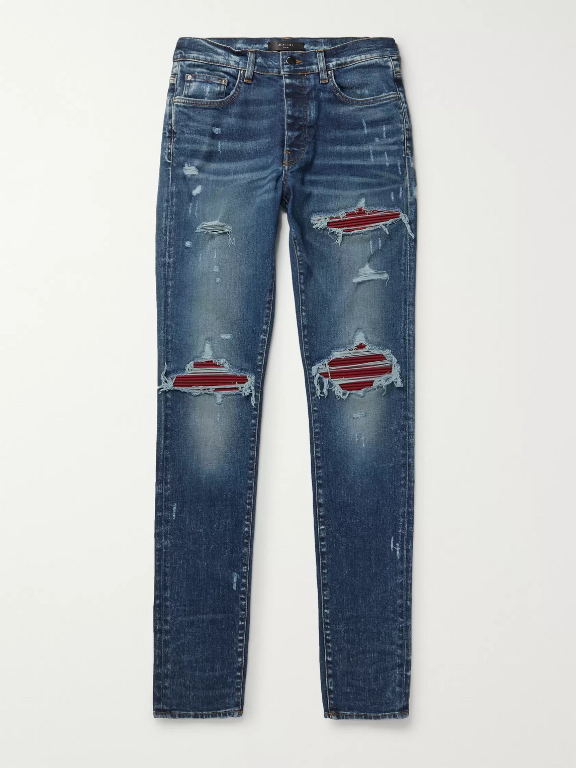 Amiri Mx1 Ultra Skinny-fit Distressed Panelled Stretch-denim Jeans In Blue