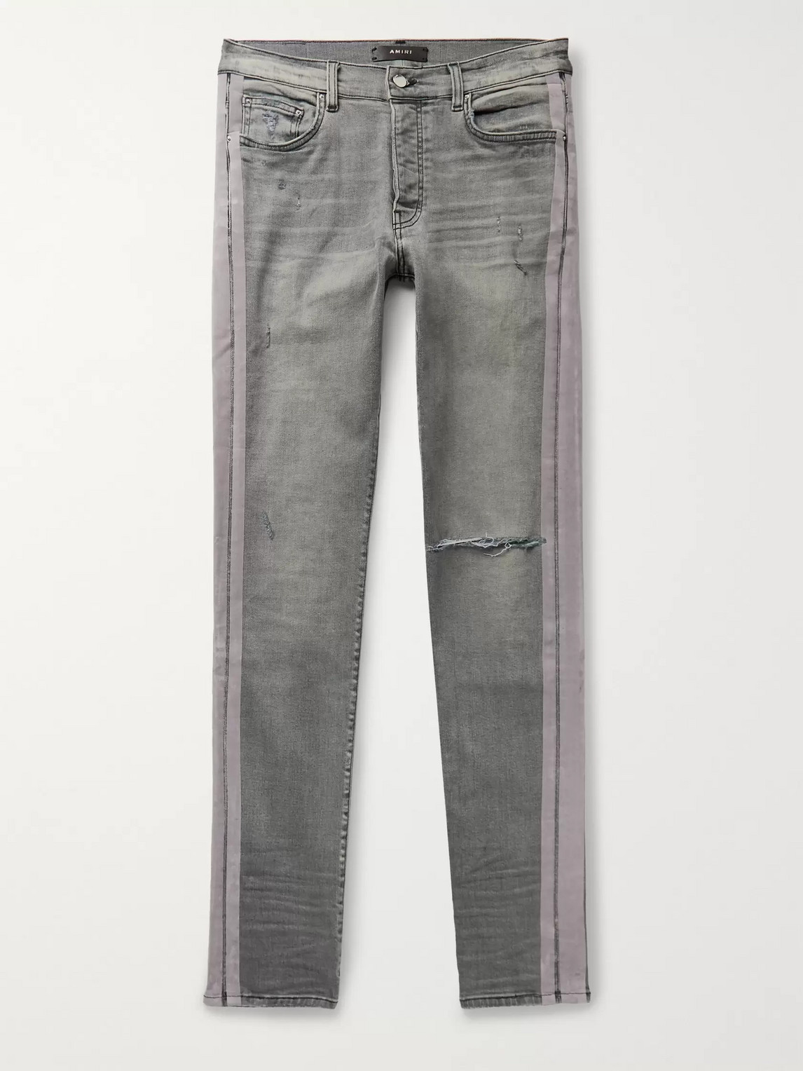 Amiri Skinny-fit Velvet-trimmed Distressed Stretch-denim Jeans In Gray