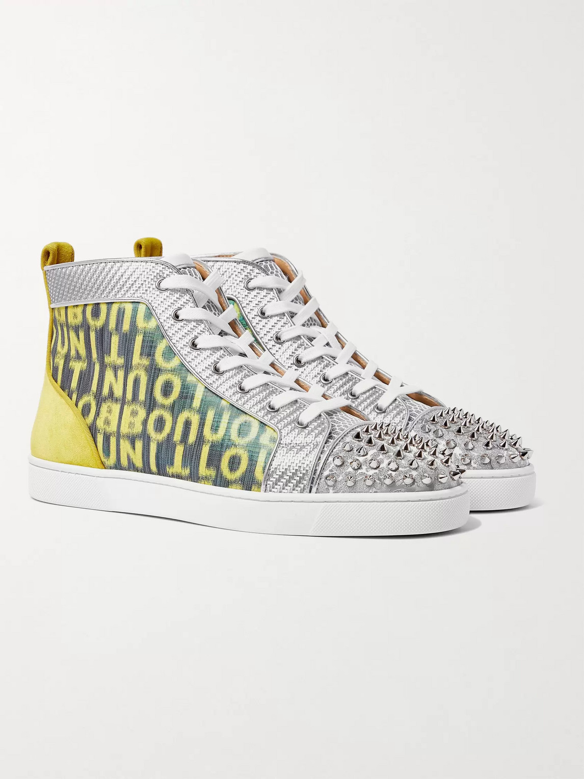 CHRISTIAN LOUBOUTIN LOUIS SPIKED SUEDE AND MESH-TRIMMED GLITTERED LOGO-PRINT CANVAS HIGH-TOP SNEAKERS