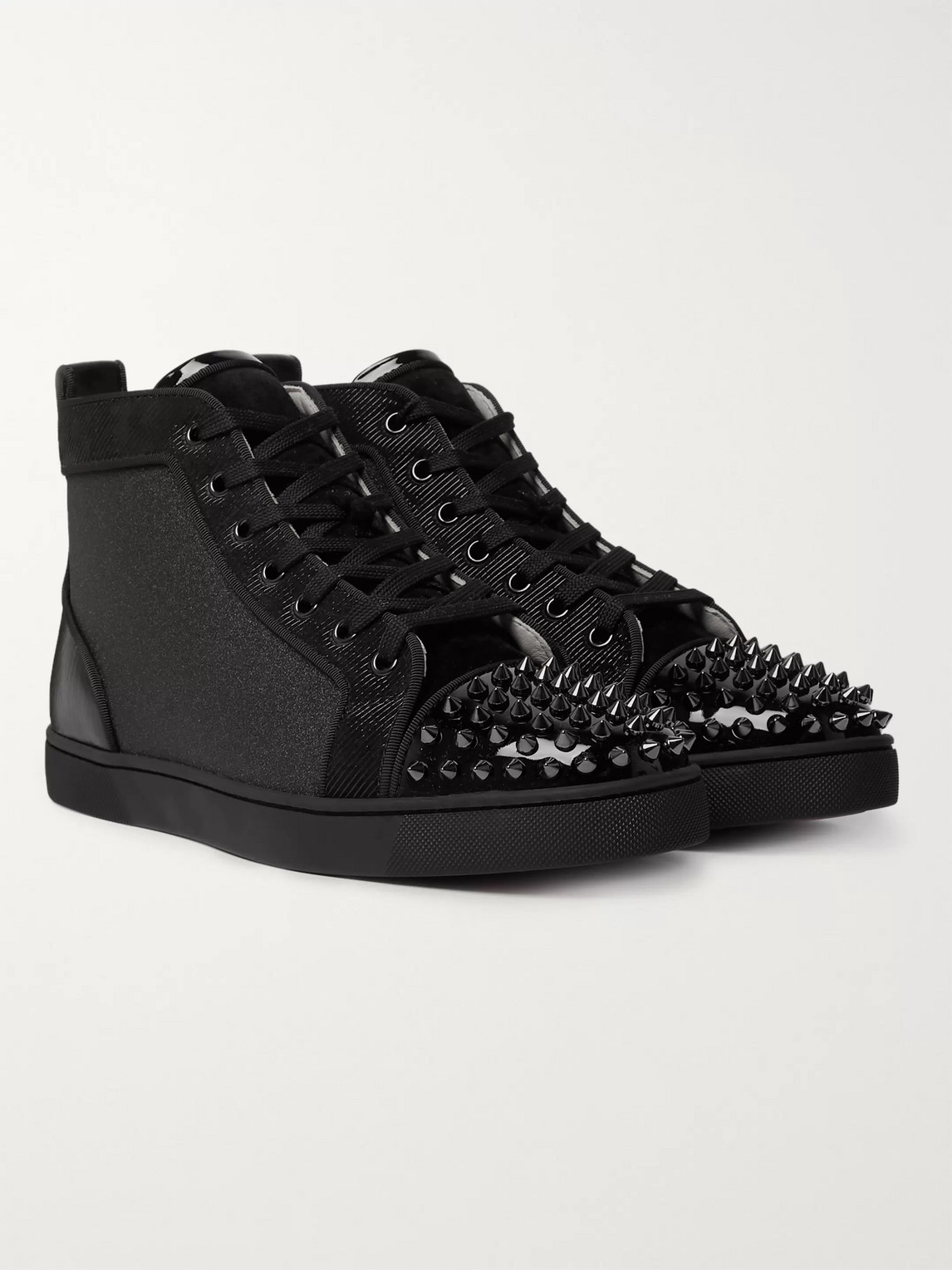 CHRISTIAN LOUBOUTIN LOU SPIKES ORLATO VELVET, GLITTERED CANVAS, SUEDE AND LEATHER HIGH-TOP SNEAKERS