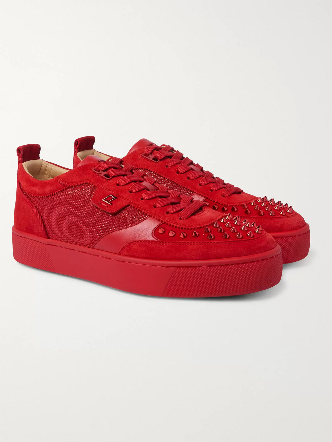 CHRISTIAN LOUBOUTIN HAPPYRUI SPIKED SUEDE-TRIMMED GLITTERED-MESH SNEAKERS