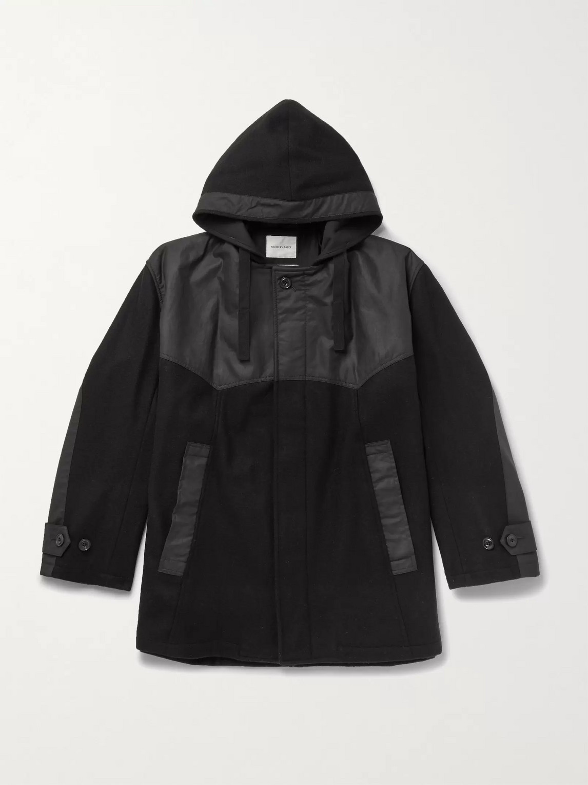 NICHOLAS DALEY PANELLED WAXED-COTTON AND MELTON WOOL HOODED COAT