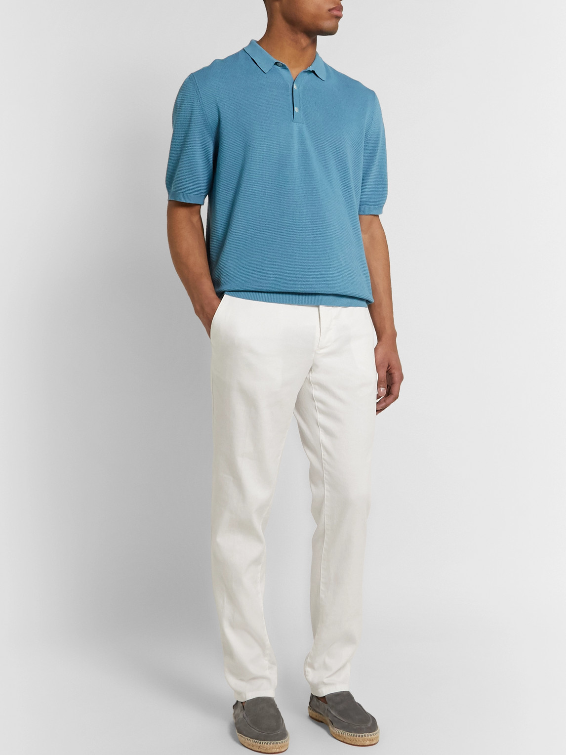 Altea Textured Linen And Cotton-blend Polo Shirt In Blue
