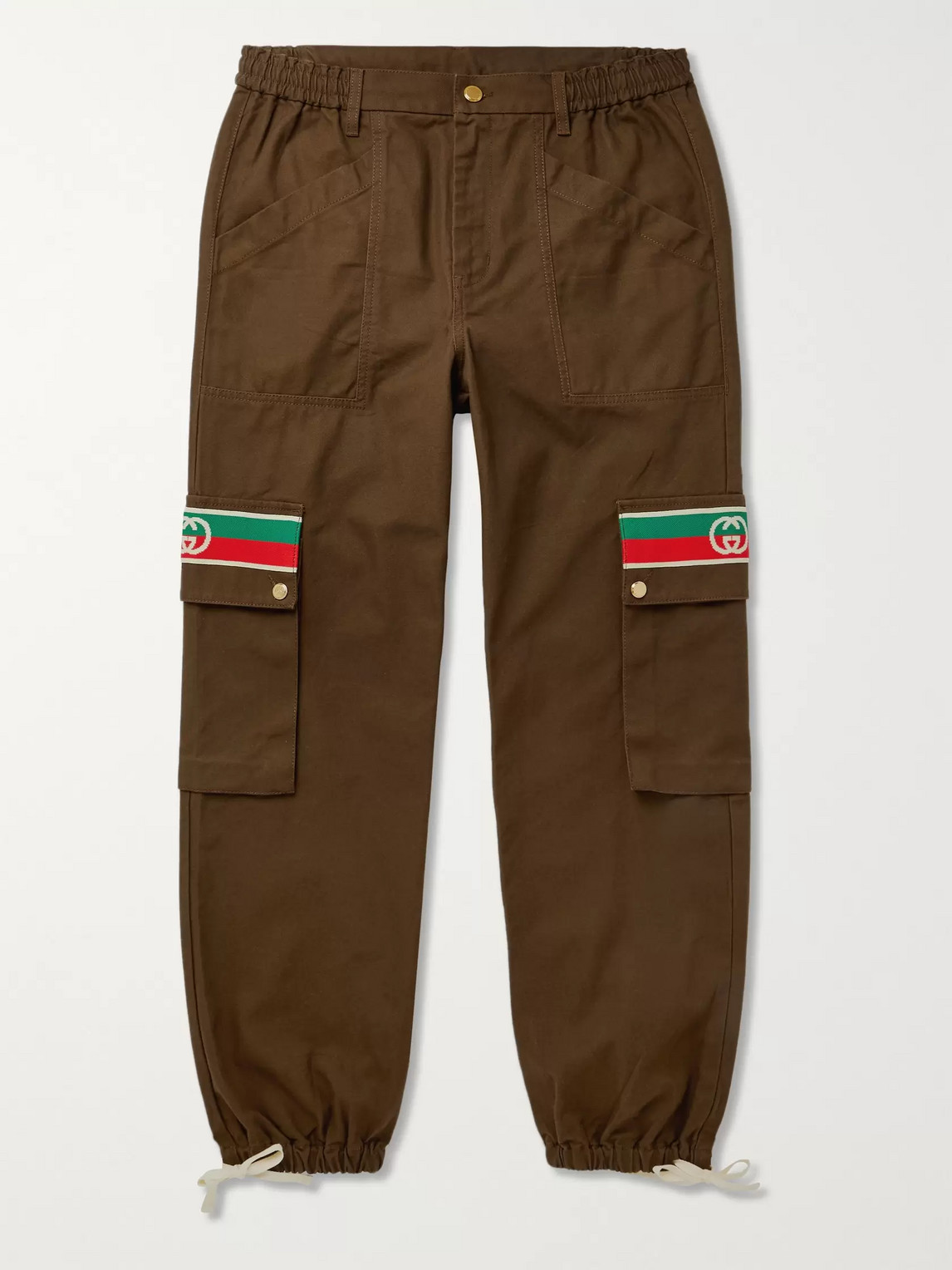 GUCCI TAPERED WEBBING-TRIMMED COTTON-TWILL TROUSERS