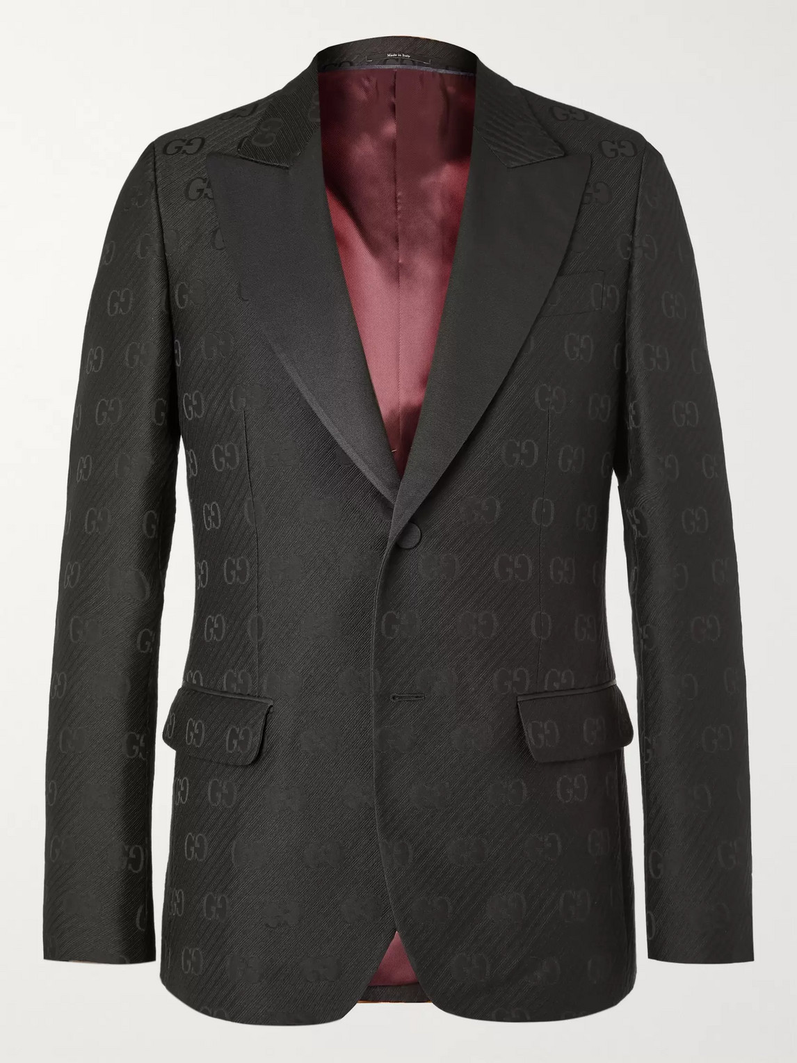 Gucci Faille-trimmed Logo-jacquard Wool And Silk-blend Tuxedo Jacket In Black