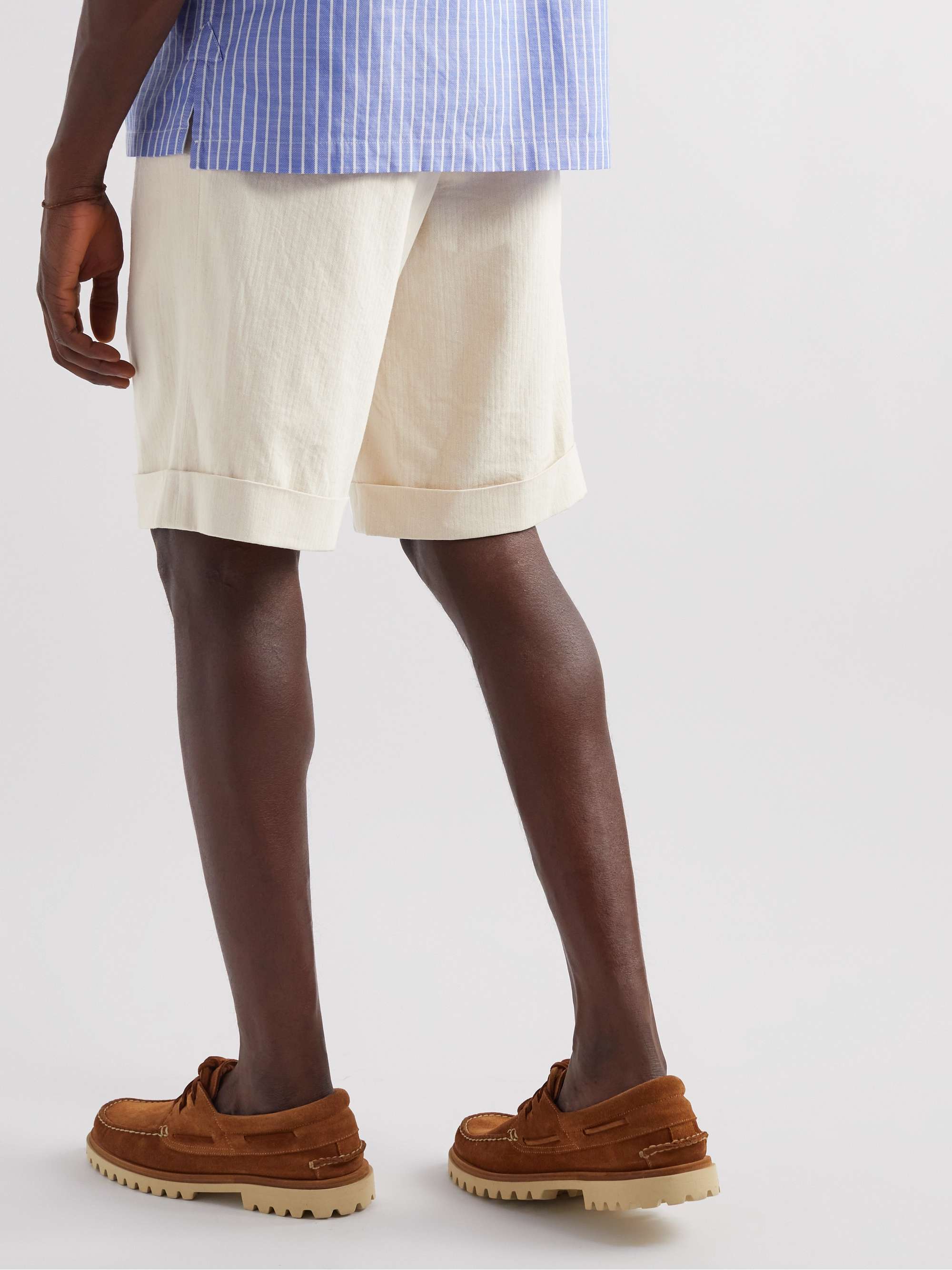 CARUSO Wide-Leg Pleated Herringbone Cotton Bermuda Shorts