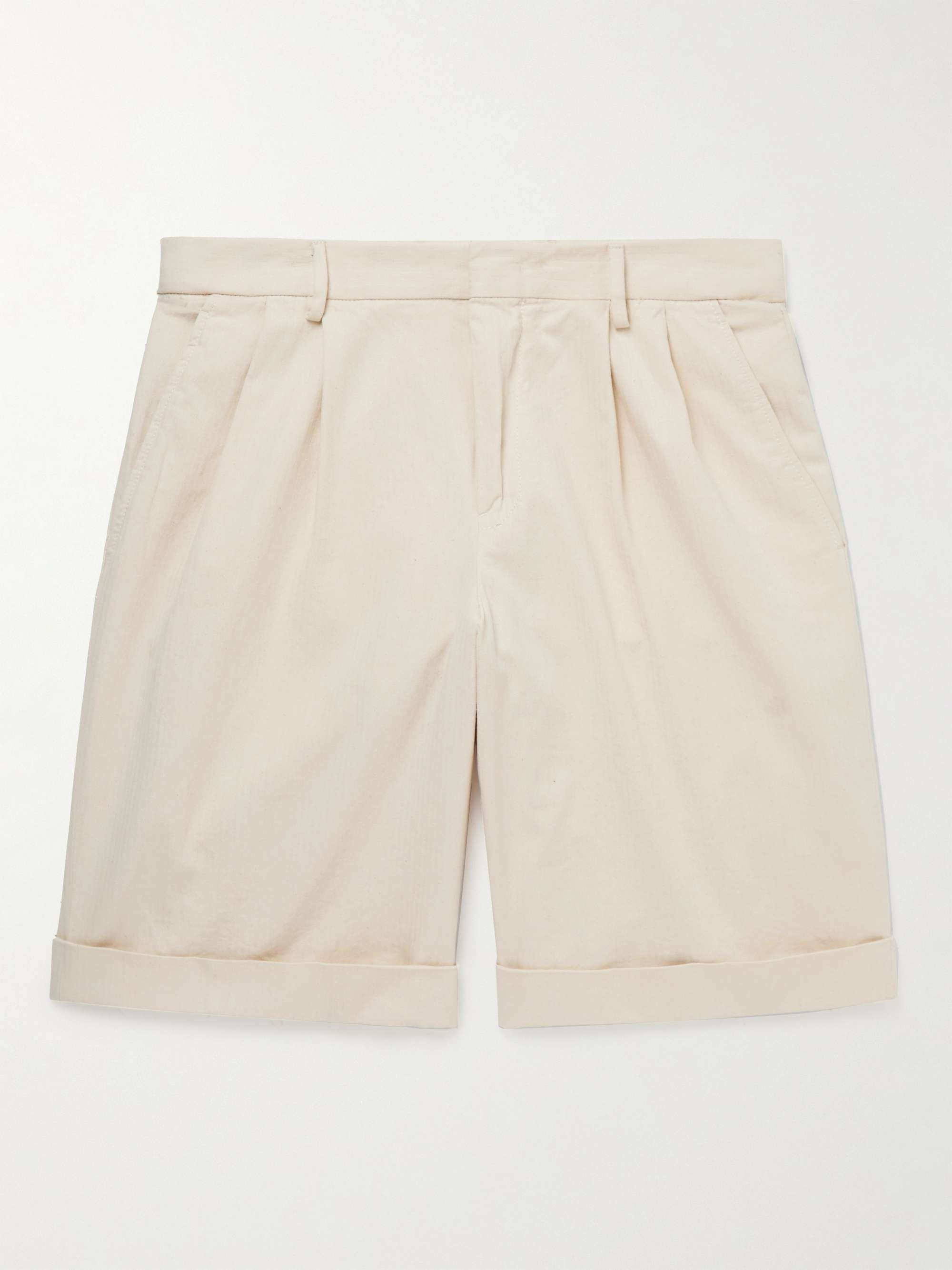 CARUSO Wide-Leg Pleated Herringbone Cotton Bermuda Shorts