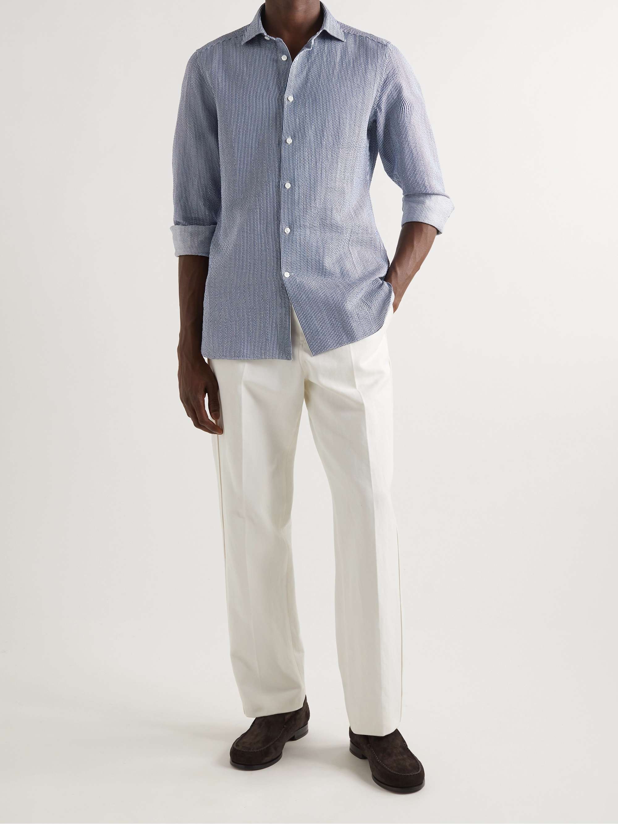 ZEGNA Striped Cotton and Linen-Blend Seersucker Shirts