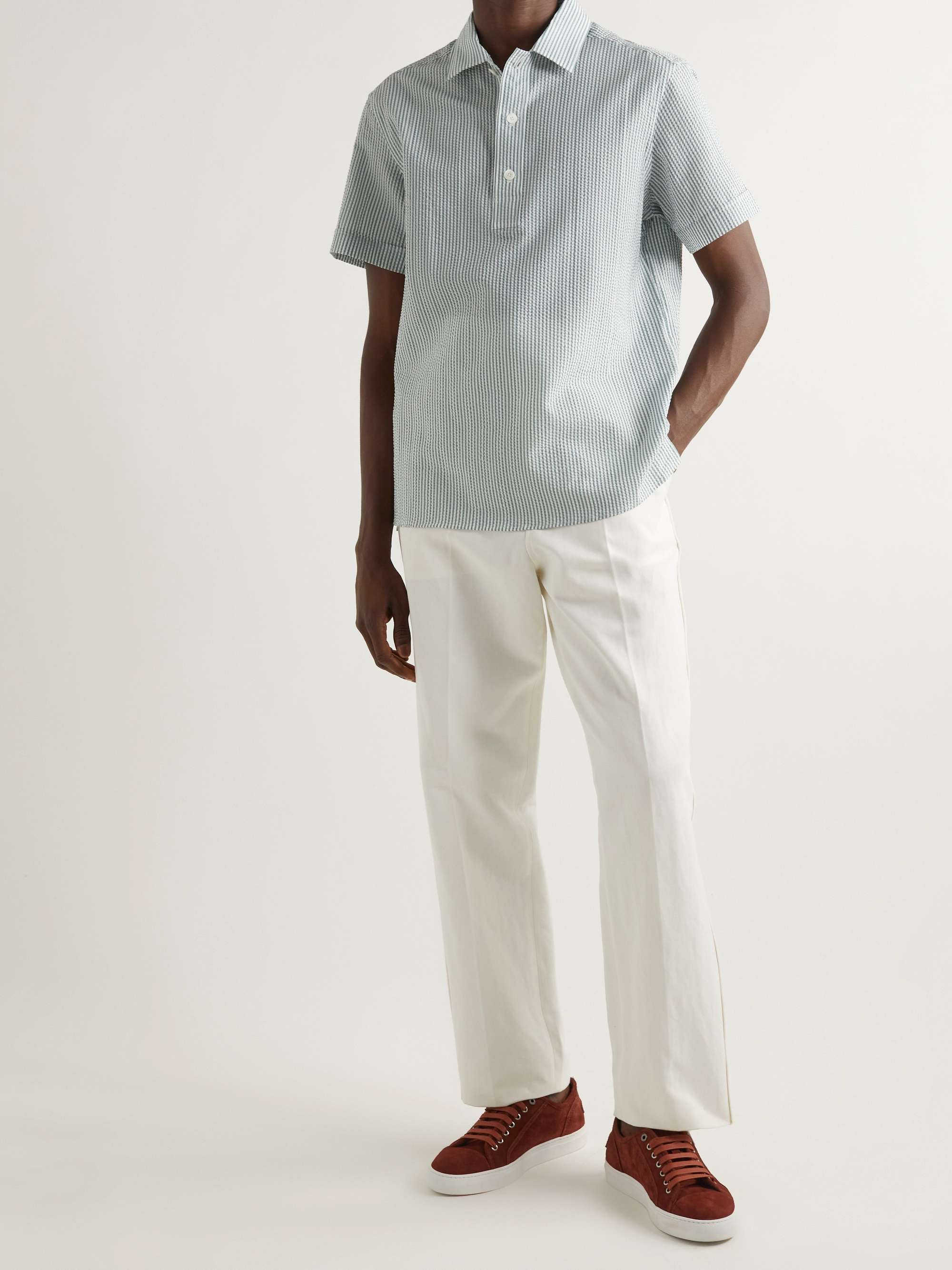 ZEGNA Striped Cotton-Seersucker Polo Shirt