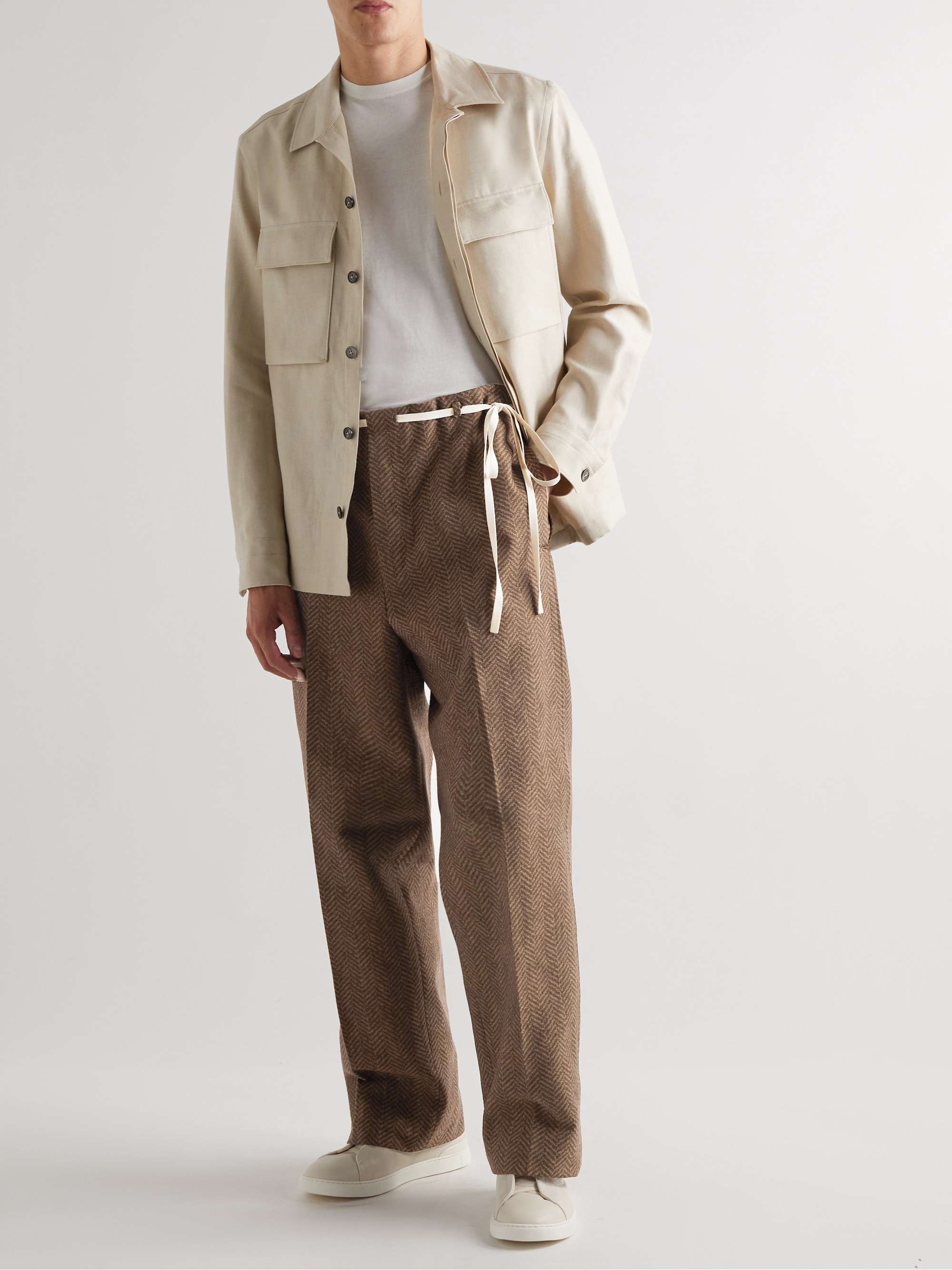 ZEGNA Straight-Leg Herringbone Cotton-Jacquard Drawstring Trousers