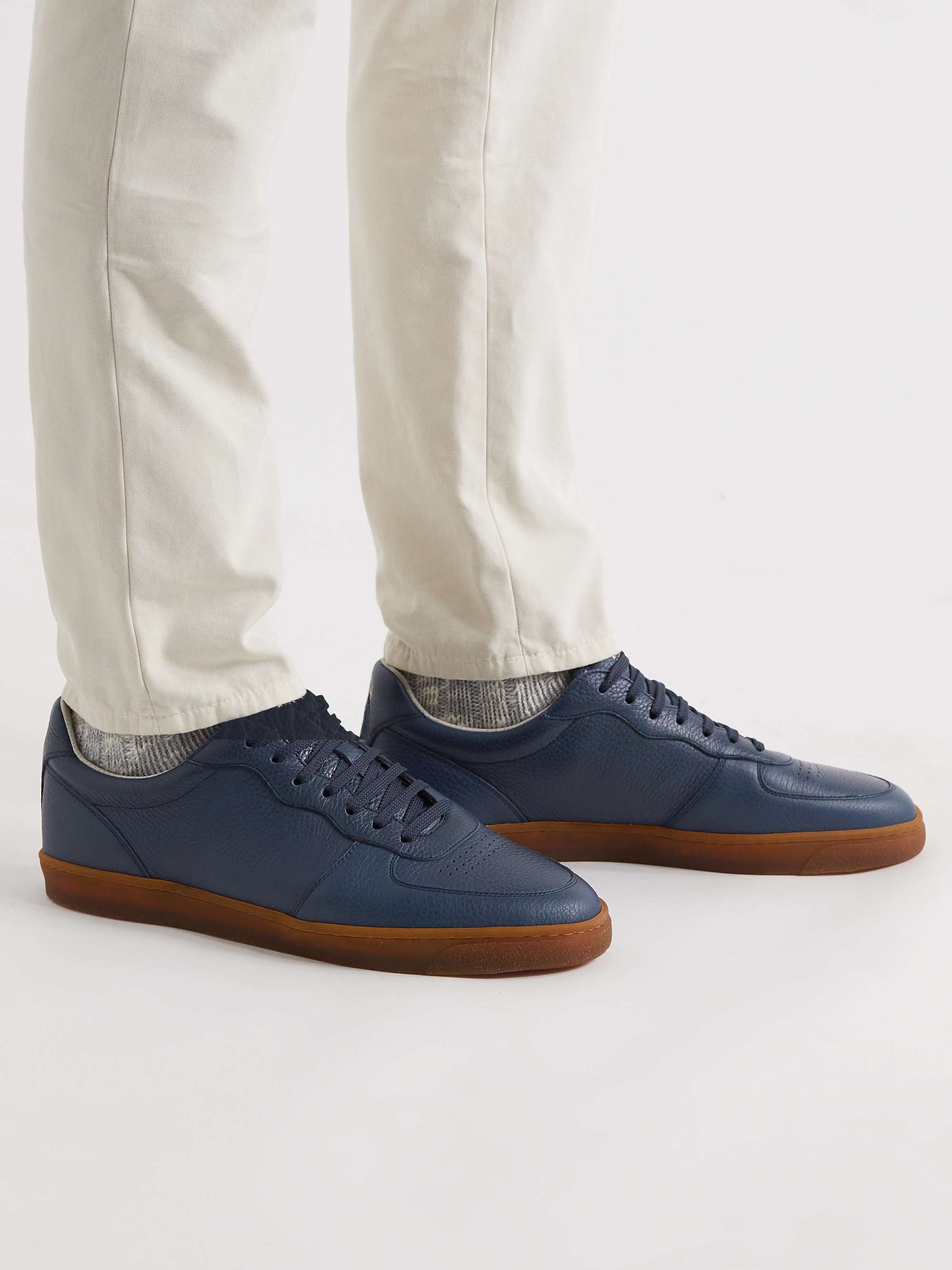 Blue Leather-Trimmed Stretch-Knit Sneakers | BRUNELLO CUCINELLI 