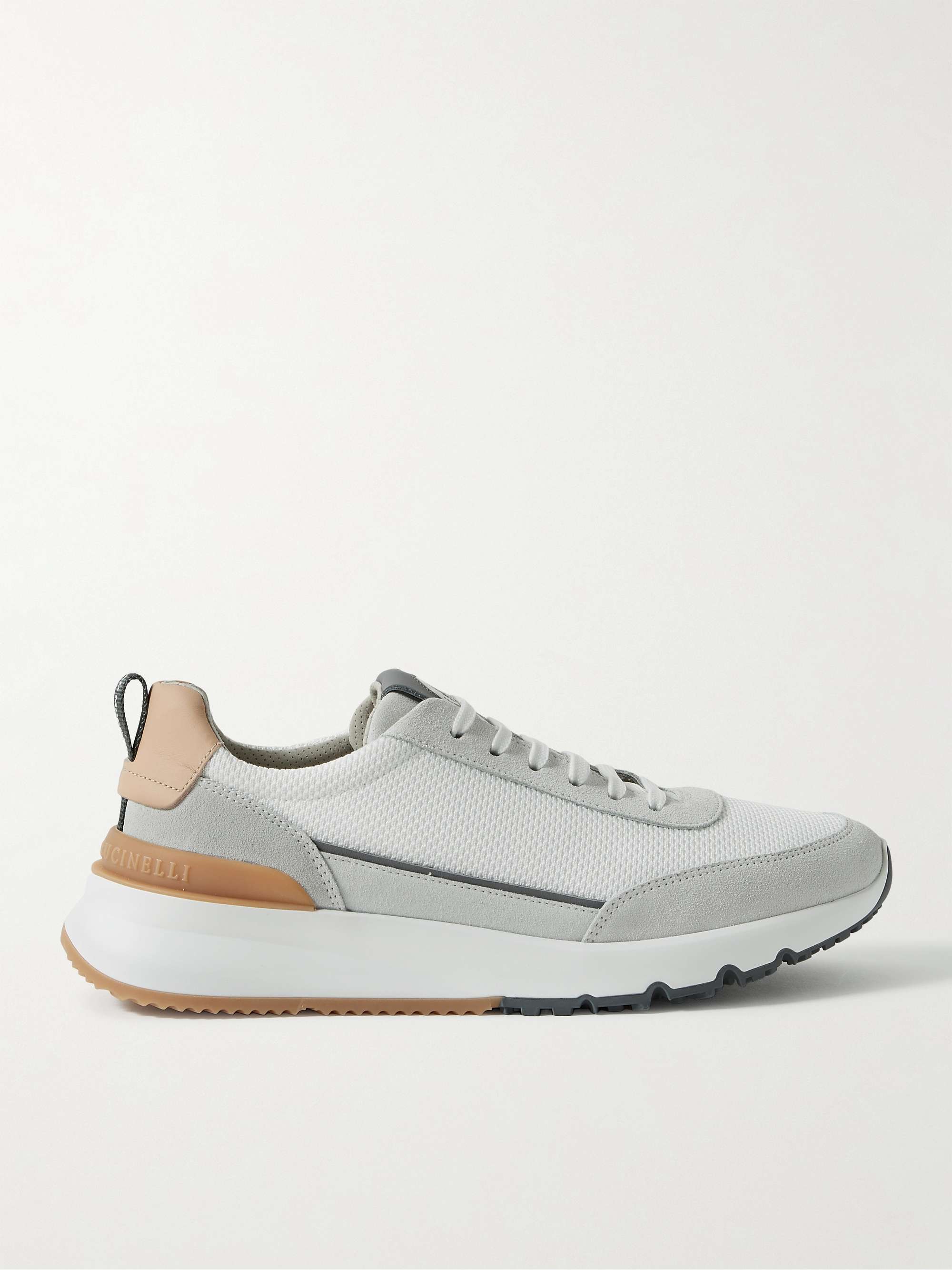 브루넬로 쿠치넬리 스니커즈 Brunello Cucinelli Leather and Suede-Trimmed Mesh Sneakers,White