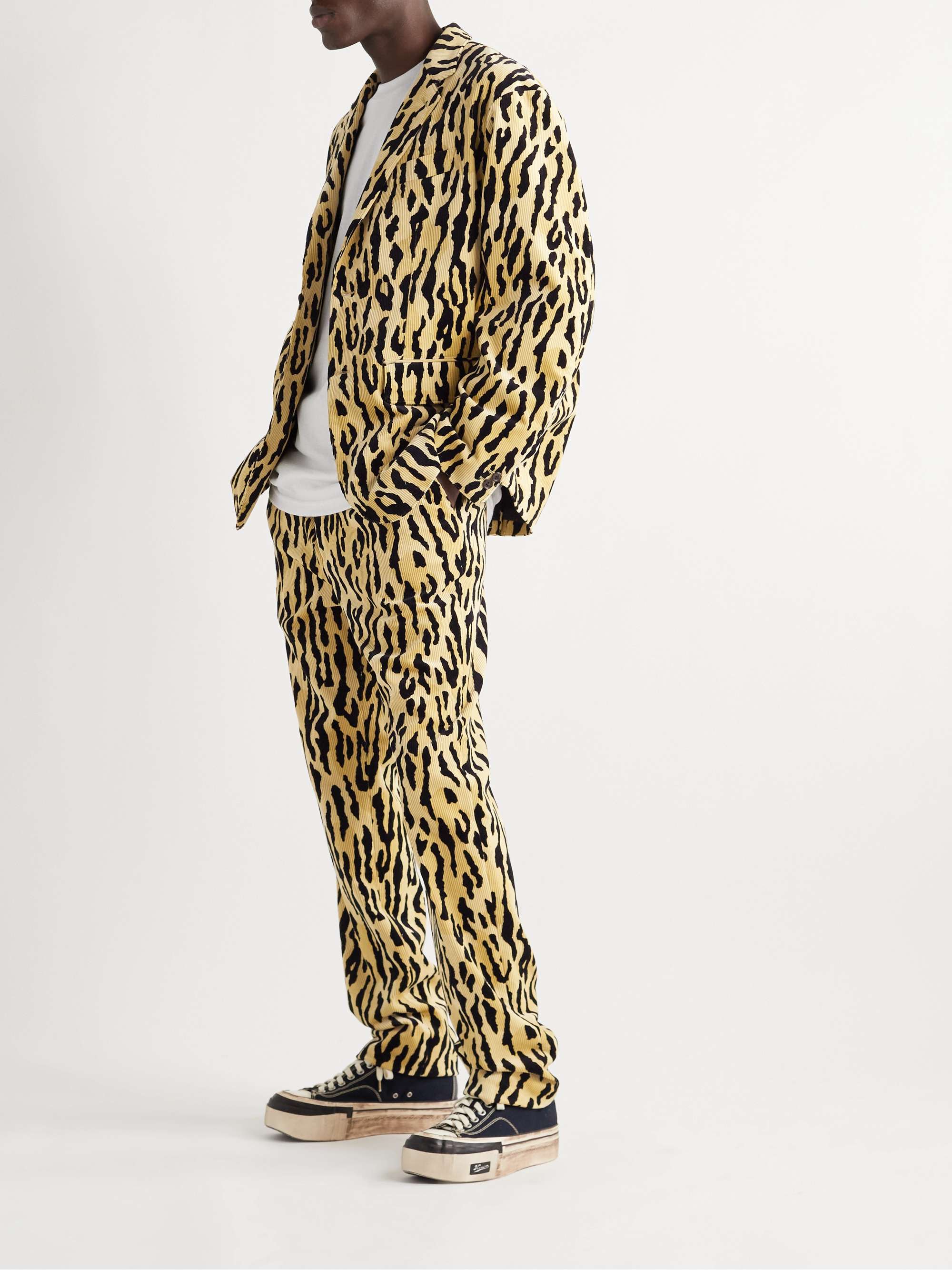 WACKO MARIA Tapered Pleated Leopard-Print Cotton-Corduroy Suit Trousers
