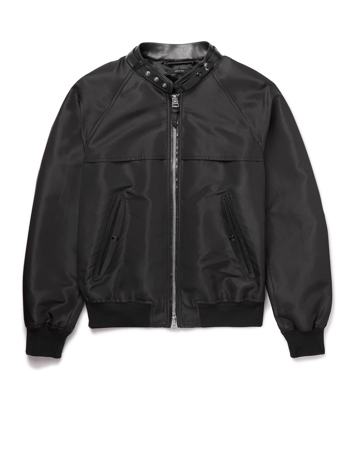 Leather-Trimmed Faille Bomber Jacket