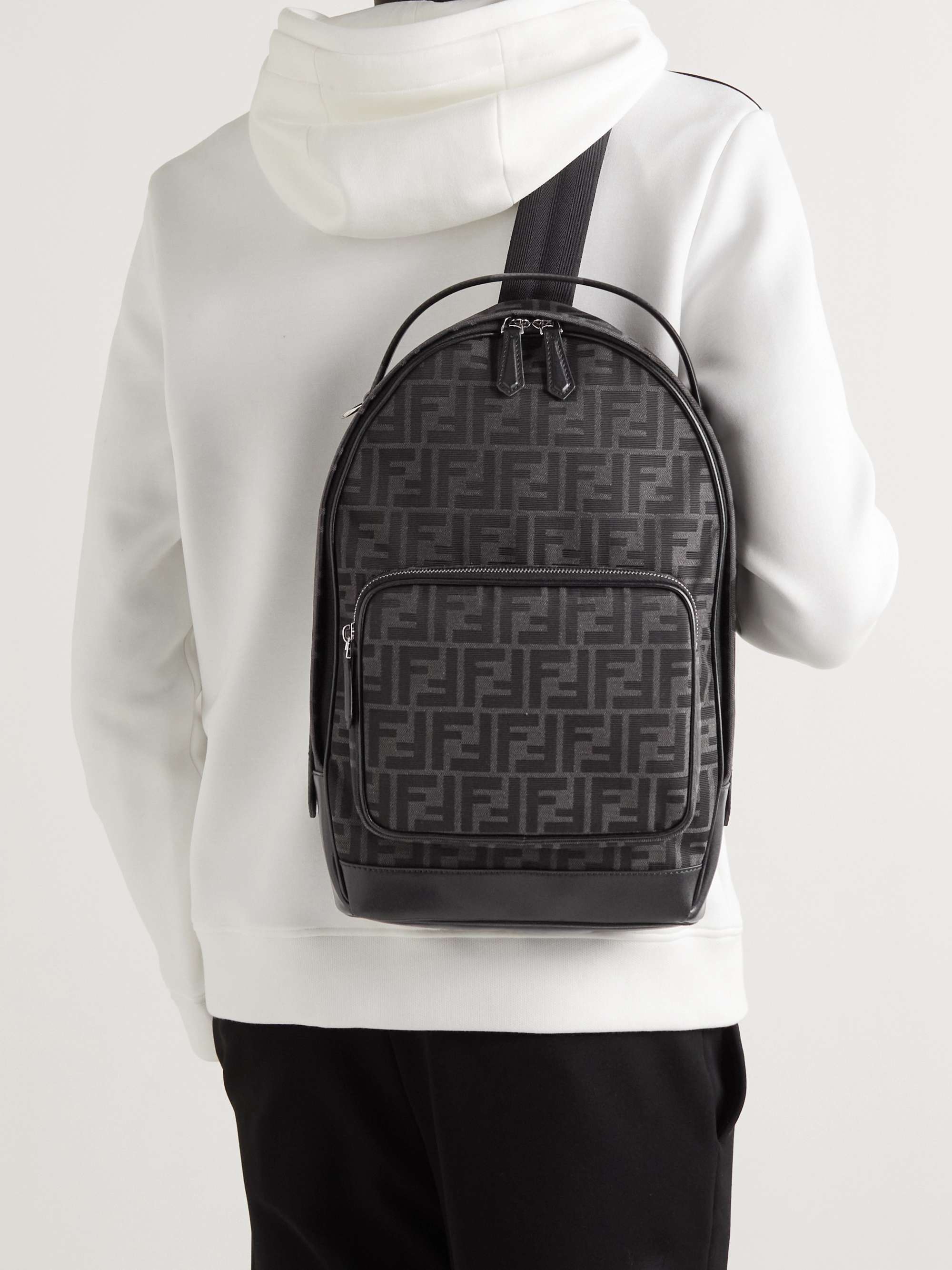 FENDI Leather-Trimmed Logo-Jacquard Canvas Sling Backpack